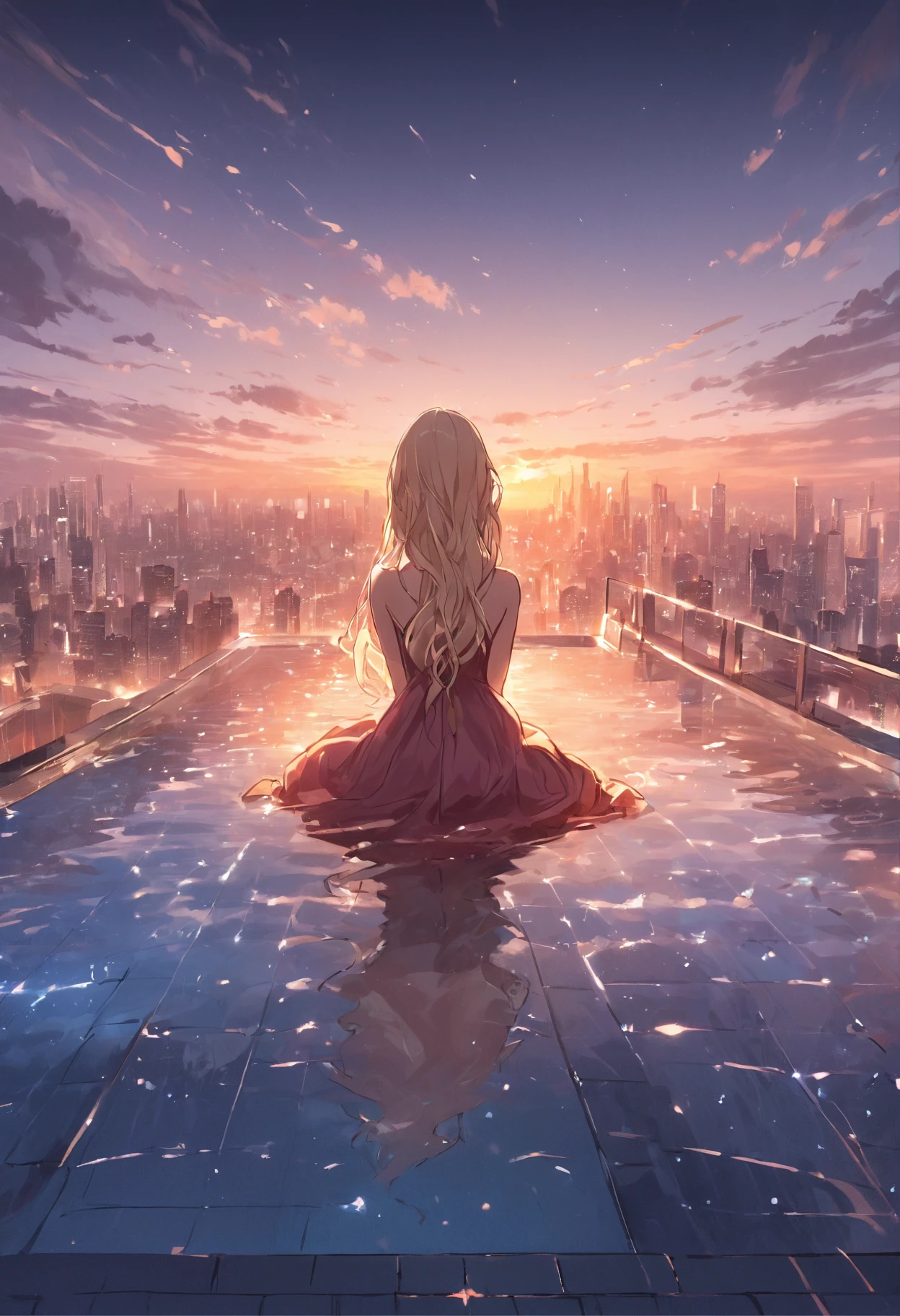 an illustration of a woman sitting in an infinity pool on top of roof in a modern city, watching sunset over the city, sun being reflected in the water a view from the rear, long hair, wavy hair, blond hair, ultra feminine, best detailed face, wearing elegant dress, glamorous dress, wearing high heels, ultra best realistic, best details, best quality, 16k, [ultra detailed], masterpiece, best quality, (extremely detailed), ultra wide shot, photorealism,