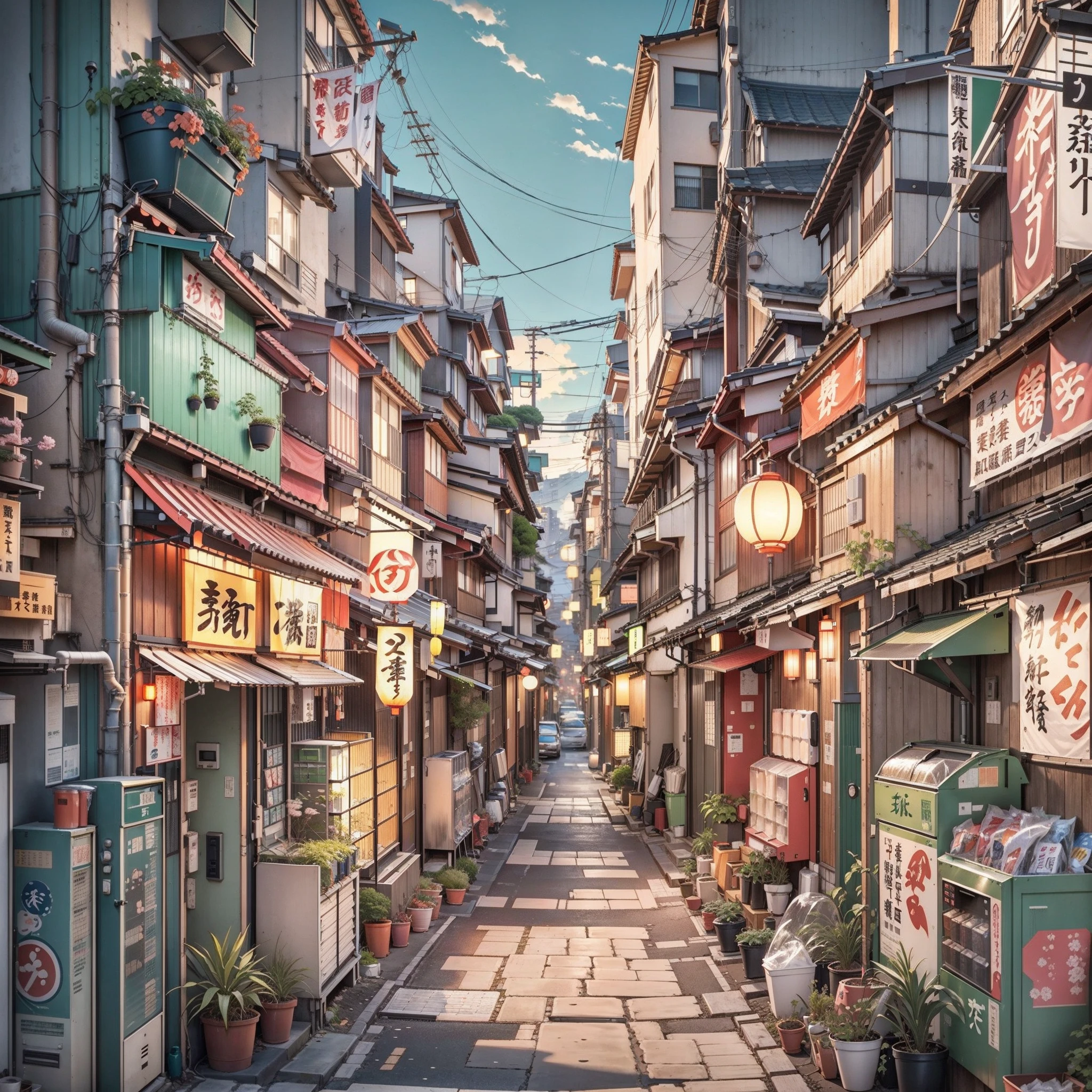 narrow modern Japanese street. compact, modern apartment buildings cramped together. vending machines, trash cans, plant pots, drains, air vents, gutters, pipes, wires, big Japanese shop signs, retro Japanese shop banners. lanterns. plant pots. rocks. sunrise. empty street, (no one: 1). anime, anime style