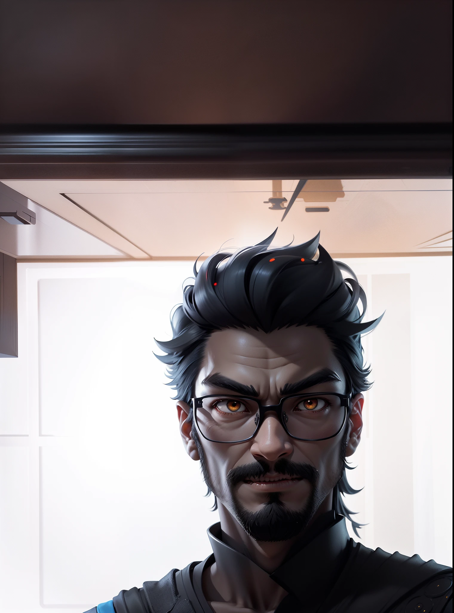 (Masterpiece), (Excellent), (Super Meticulous), (Full Body: 1.2), Super Young Man with Japanese Female Geisha, Pretty, Beautiful, Chinese Dragon, Tiger, Wind God Thor, Sexy, Bursting, Oriental Face, TV Anchor, Bust Portrait Illustration, Black Suit, Blue Tie, Slightly Chubby Face, Silver Glasses, Very Clean Face, No Beard on Chin, Black Super Short Hair, Black Eyes, Confident Smile, 3c Computer Sub-Products, iPad, iPhone, Digital Painting, 3D character design by Mark Clairedon and Pixar and Hayao Miyazaki and Akira Toriyama, the illustrations are HD illustrations in 4K resolution with highly detailed facial features and cartoon-style visuals.