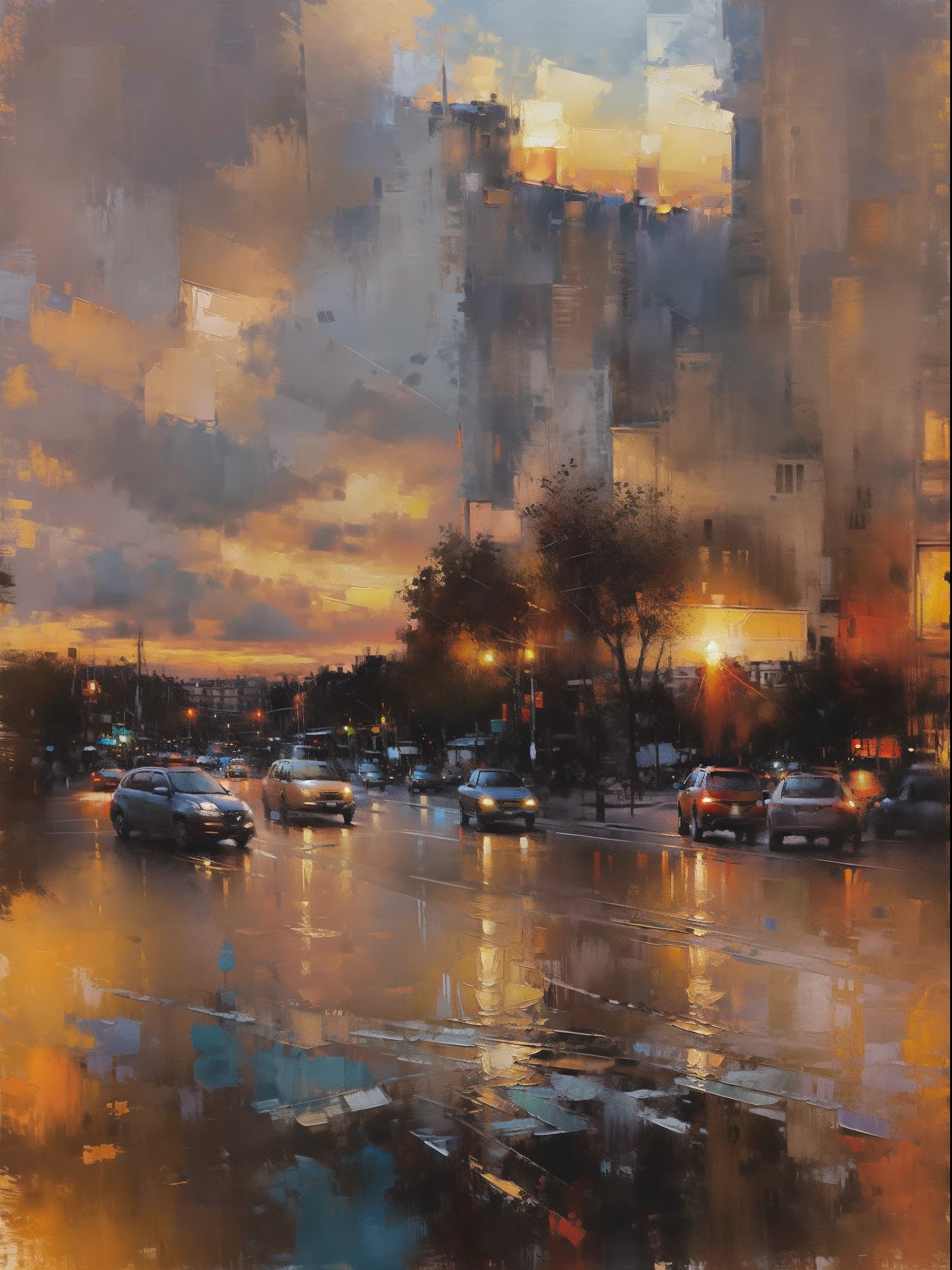 Paris Cityscape Print , stree and old Colonial building, road lamp, cars, sunset, vichaels. Oil Painting
