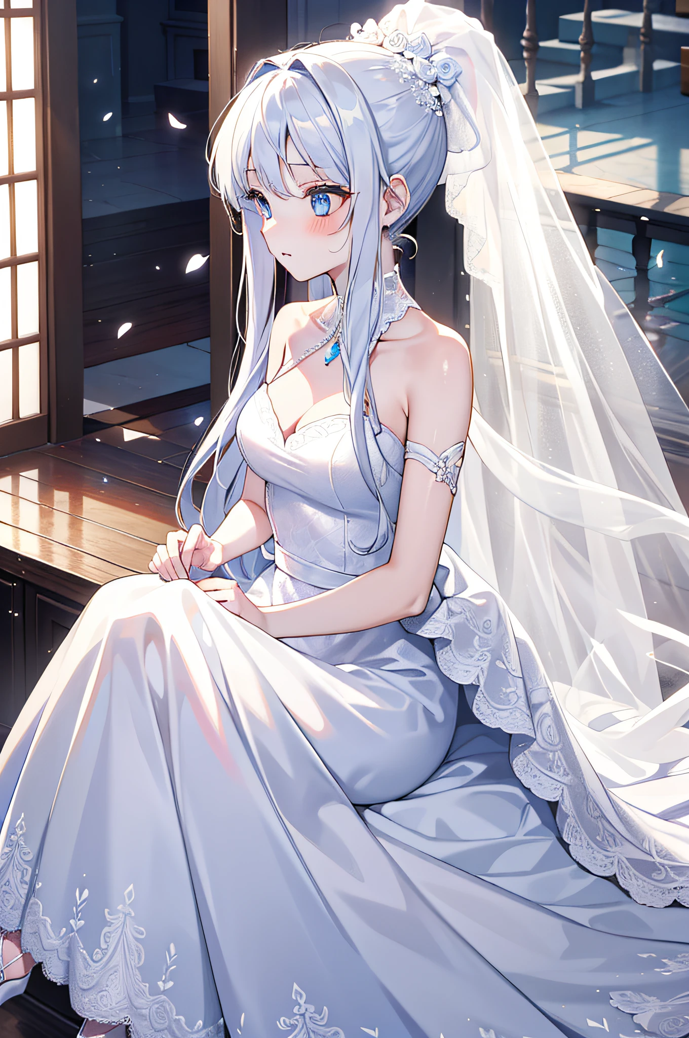 whaite hair，long whitr hair，High ponytail，Blue eyes，wedding gown，Weddings