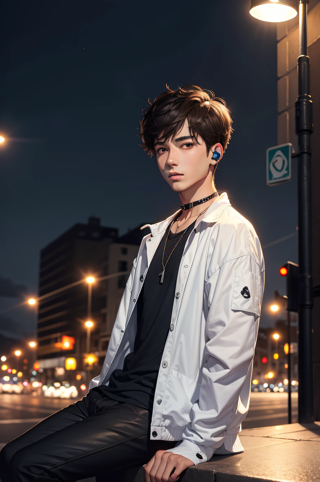 masterpiece, best quality,1boy, eye focus,,beautiful eyes,looking at viewer, expressionless, open jacket, white shirt,sitting, cityscape, night, big moon,lamppost, street wear,headphones, black choker, necklace,