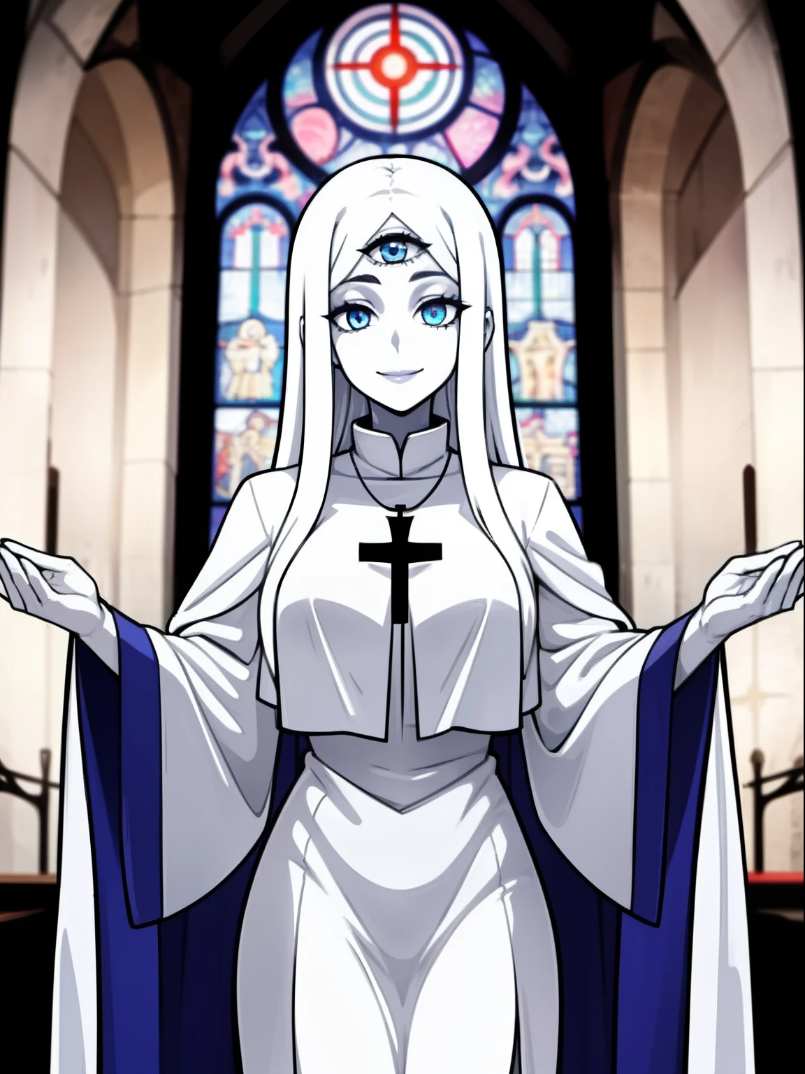 1girl,solo,blue eyes,demonic third eye,white hairs,long hairs, breasts ,pale skin, priest,smile, church