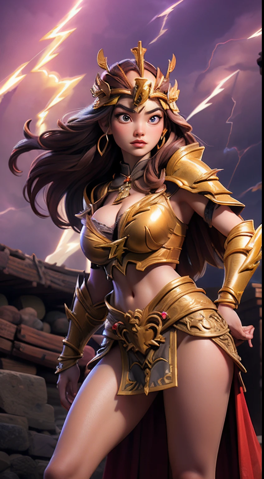 (surrealistic), (hight resolution), (8K), (ighly detailed), (beatiful detailed eyes), (top-quality), (ultra-detailliert)、intricate detailes、
1girl in、fullbody image、(Goddess of battle、Powerful beauty、hali々and has)、perfectly proportions、big eye:1.5、Pretty eyes、Bewitching、Sexy Woman、爆乳、big breasts thin waist、nabel、Crotch gap、thighs thighs thighs thighs、beautiful countenance、A detailed face、Perfect figure:1.4、(shinny skin), (cleavage of the breast)、length hair、the wind、Red BRA、 long ugly hair, (Brown hair:1.3)、Look at viewers, Wearing complex red super armor、Clear focus:1.2、Lightning Effect、(Lightning strikes before your eyes:1.9)、Ultra-detailed large crown adorned with jewels:1.2)、Colossal tits、oppai、Translucent sexy underwear、I see the purple flag、Gemstones with intricate details、(Ultra-detailed yellow armor adorned with jewels:1.3)、diffuse lighting、Valhalla Valkyrie、(Realistic lighting)、Light up your face、Lights from the front、Shine a light on your face、