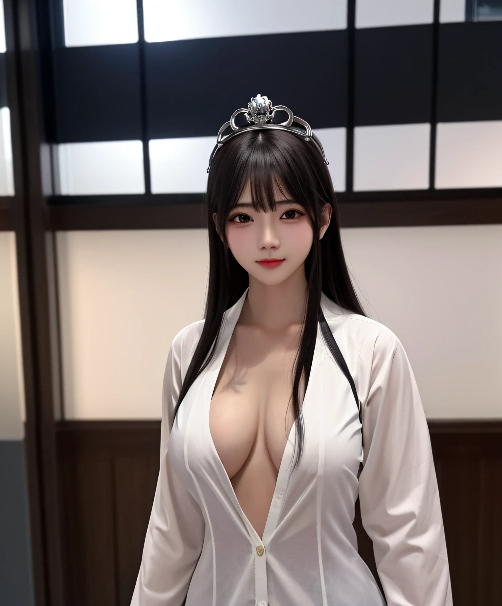 Best quality、tmasterpiece、A high resolution、1girl、There is one wearing a shirt,Woman with a crown on her head, wearing shirt, oppai, cleavage, Open V chest clothes, Breast coverage and SF, wearing a strict business suit, the breasts are large, Big breasts, Big breasts!, Oppein Proportions, thicc, Open shirt, With large breasts, Clothing that exposes, sfv, dressed in a suit、pretty face、Physically、Tyndall effect、realisticlying、Shadow Studio、edge lit、bicolor lighting、(highdetailskin:1.2)、8k UHD、dslr、softlighting、high high quality、volumettic light、sneak shot、photore、A high resolution、4k、8k、The background is blurred out,