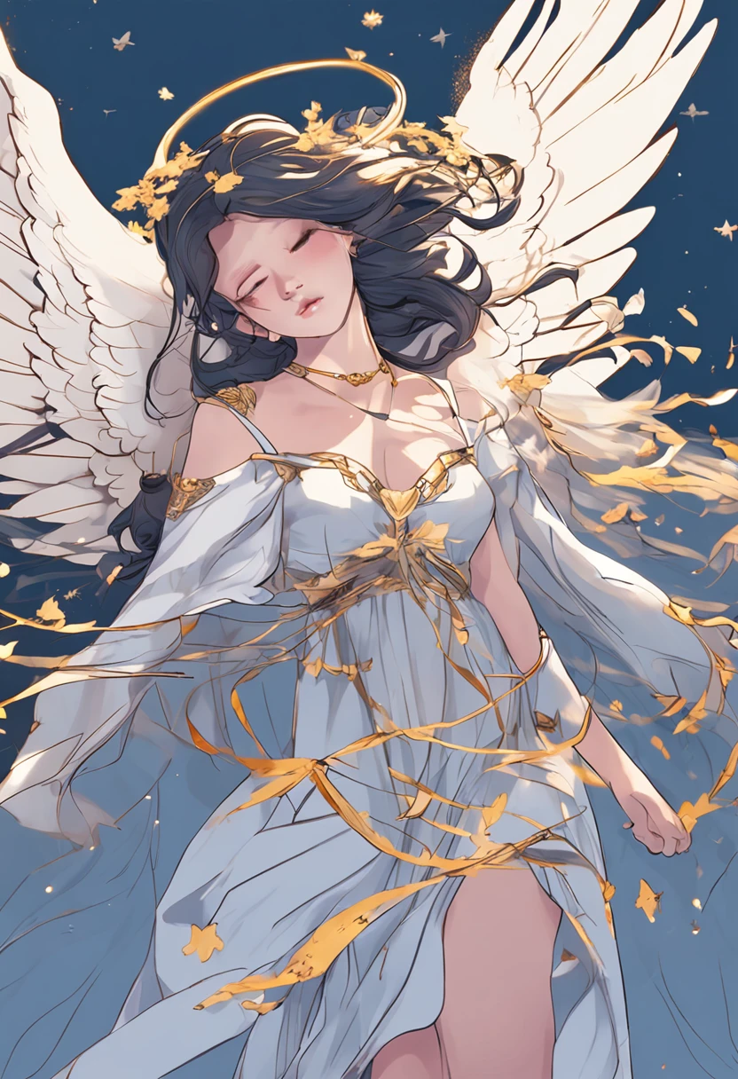The subject：Angel Maiden Flying in the Air Branch 1：Dark blue background in the sky Branch 2：Angel's Wings Branch 3：Angel's costumes and hairstyles Branch 4：The sad expression of the angel and the gesture of flying in the sky Branch 5：The Beautiful Face of the Angel Branch 6：Special abilities of angels Branch 7：The Angel's Hand Holds the Holy Sword Branch 8：The Goodness and Love of Angels Branch 9：Angelic wishes and dreams