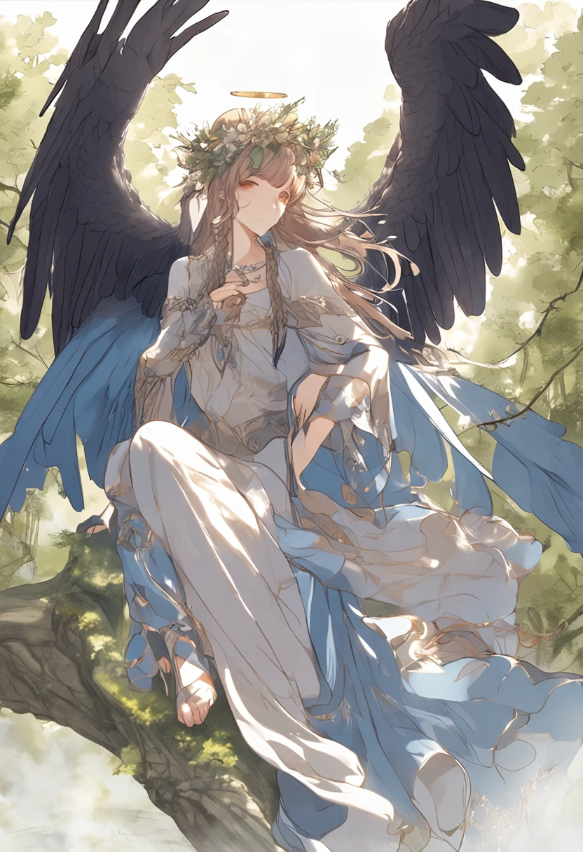 The subject：Angel Maiden Flying in the Air Branch 1：Dark blue background in the sky Branch 2：Angel's Wings Branch 3：Angel's costumes and hairstyles Branch 4：The sad expression of the angel and the gesture of flying in the sky Branch 5：The Beautiful Face of the Angel Branch 6：Special abilities of angels Branch 7：The Angel's Hand Holds the Holy Sword Branch 8：The Goodness and Love of Angels Branch 9：Angelic wishes and dreams