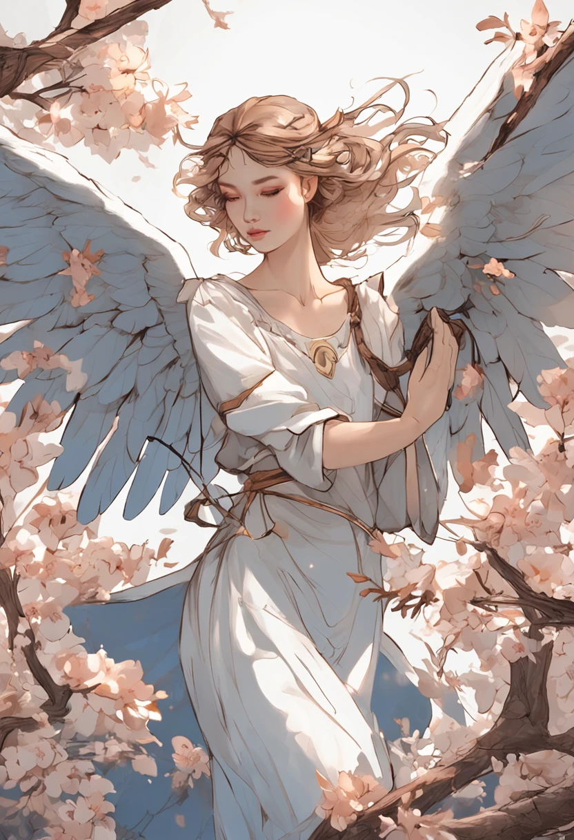 The subject:Angel Maiden Flying in the Air Branch 1:Dark blue background in the sky Branch 2:Angel's Wings Branch 3:Angel's costumes and hairstyles Branch 4:The sad expression of the angel and the gesture of flying in the sky Branch 5:The Beautiful Face of the Angel Branch 6:Special abilities of angels Branch 7:The Angel's Hand Holds the Holy Sword Branch 8:The Goodness and Love of Angels Branch 9:Angelic wishes and dreams