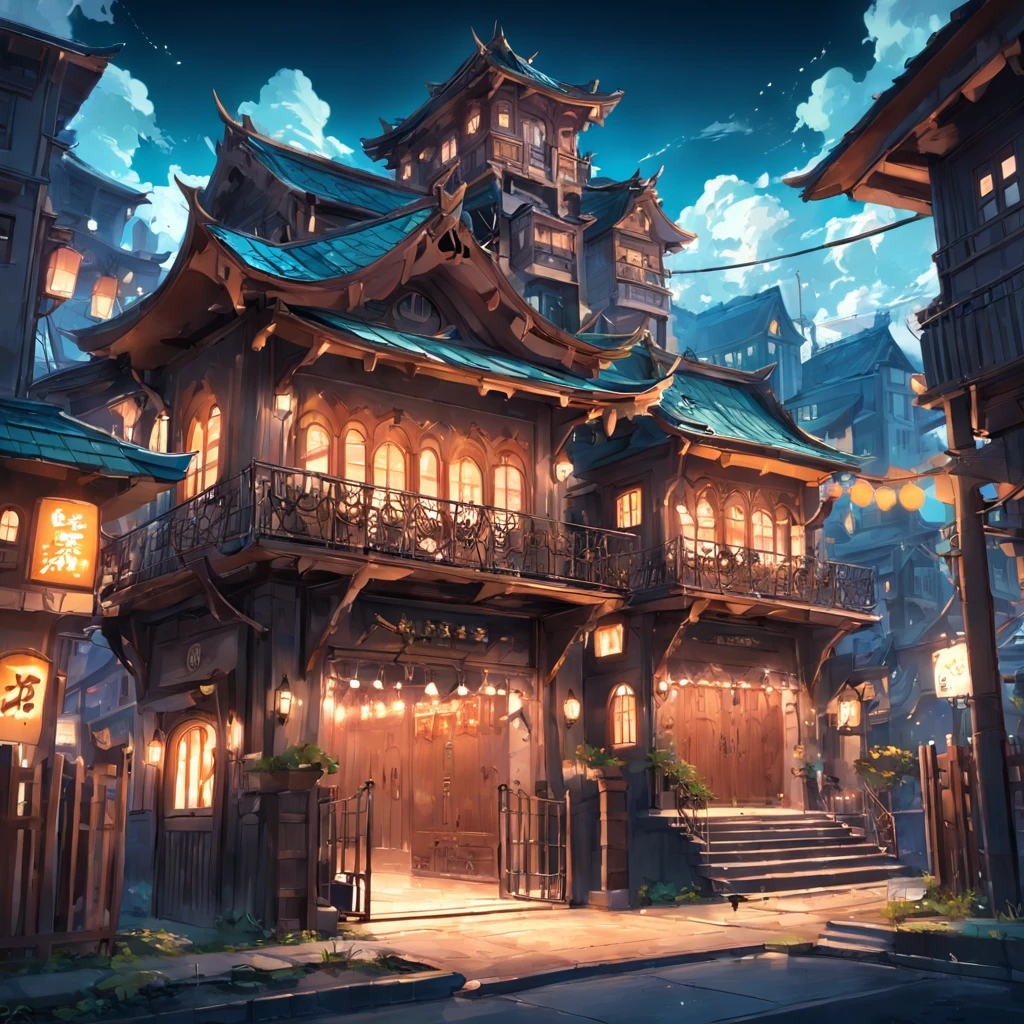 Metal town scenery, metal gate, lounge room, Metal ladder, Copper roof, Stone formations, Winch chain, Copper furniture, Cartoon mechanical style