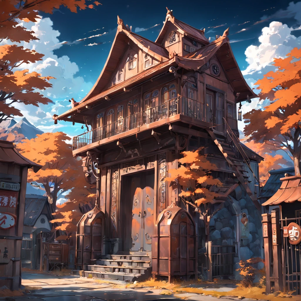 Metal town scenery, metal gate, lounge room, Metal ladder, Copper roof, Stone formations, Winch chain, Copper furniture, Cartoon mechanical style