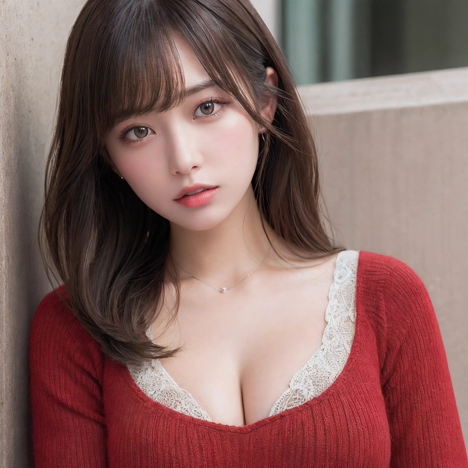 masutepiece, Best Quality, Illustration, Ultra-detailed, finely detail, hight resolution, 8K Wallpaper, Perfect dynamic composition, Beautiful detailed eyes,  Natural Lip, Red knitted dress , Big breasts, cleavage