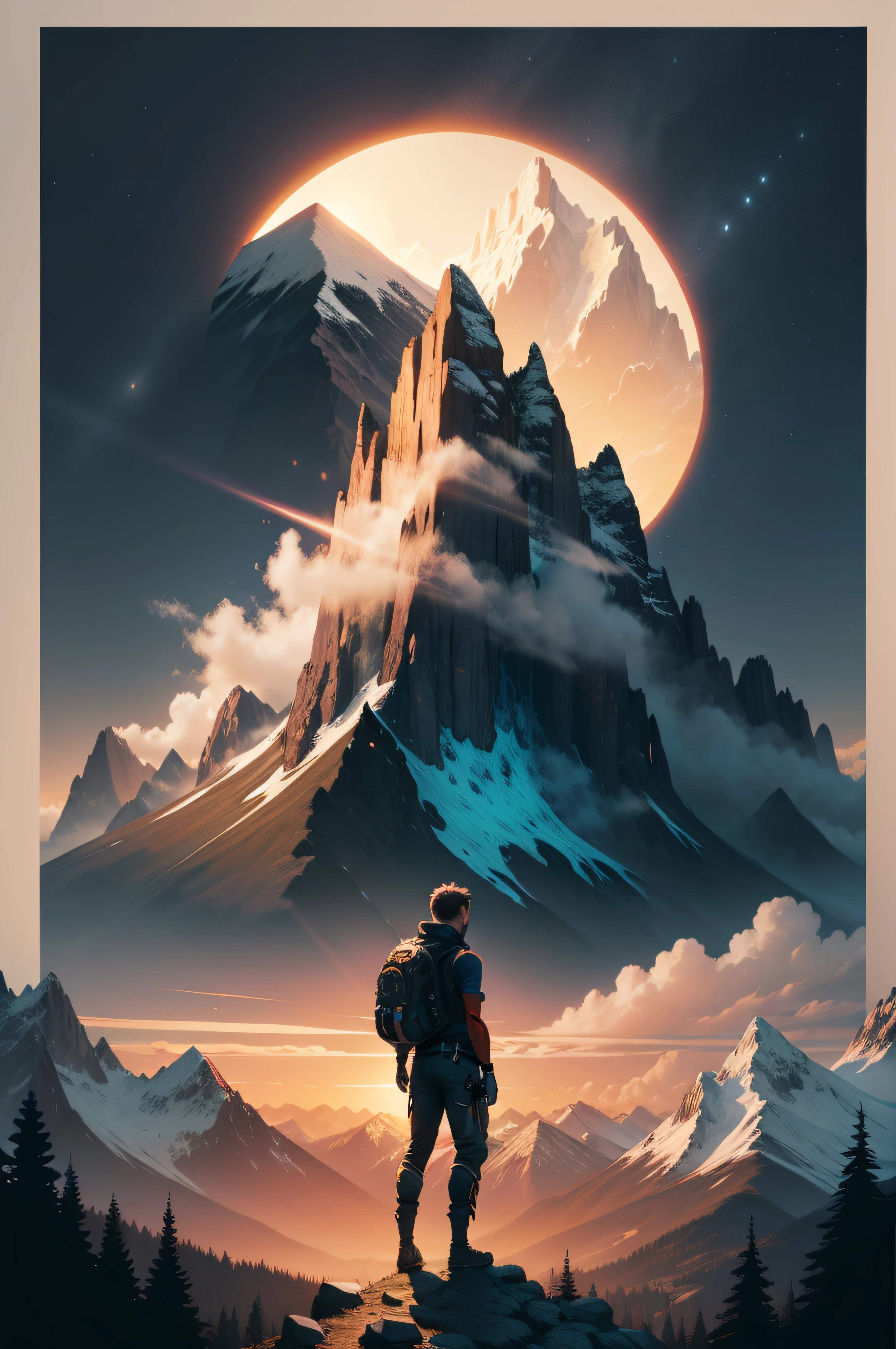 print ready vector t-shirt design, adventure scene with explorer, with beautiful nocturnal sun and mountain in the background, clean white background, professional vector, full shot, 8K resolution, deep impression illustration