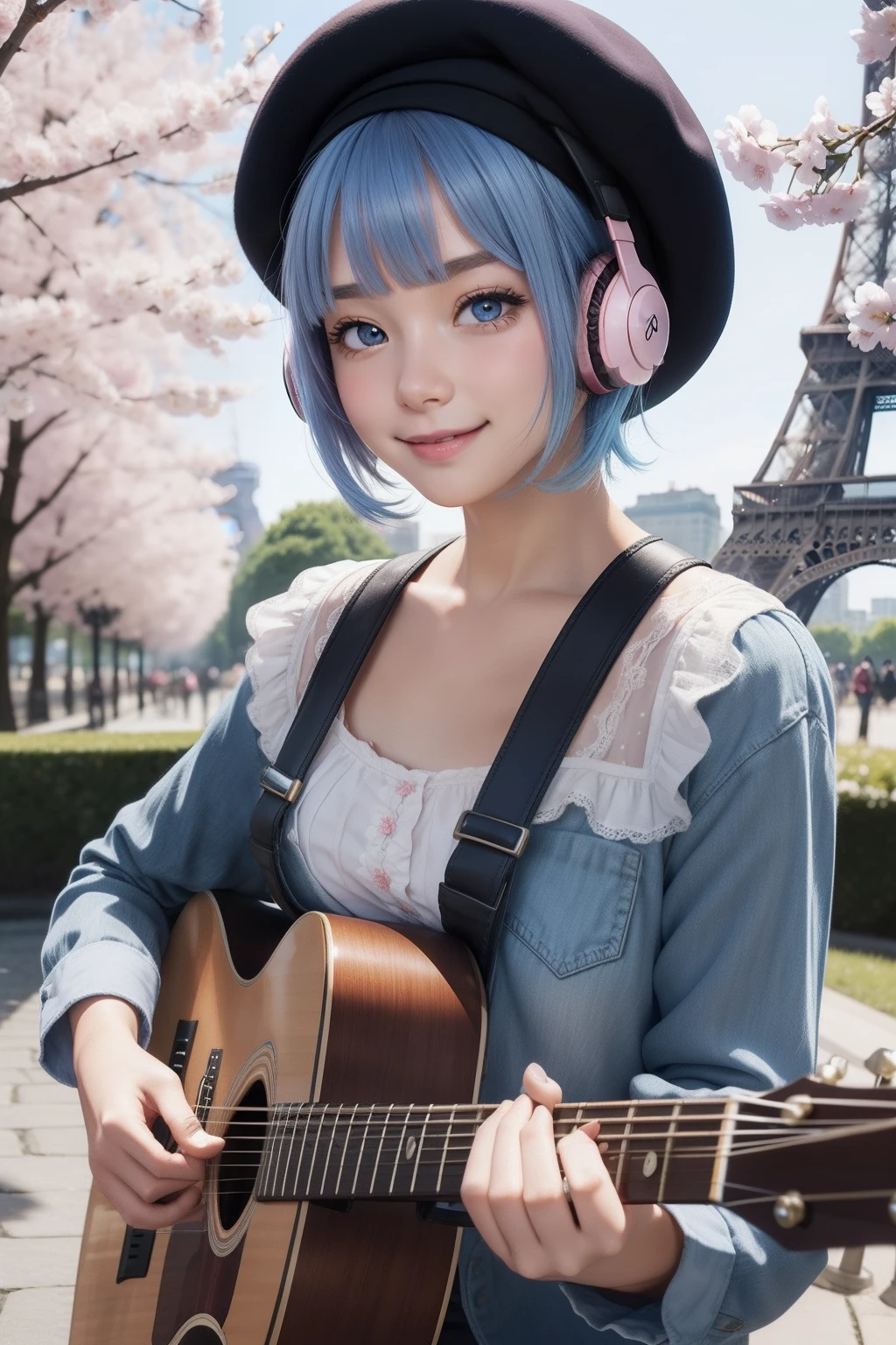 1girl,chibi,cute, smile, sourire,flower, outdoors, playing guitar, music, beret, holding guitar, blush, tour eiffel, white shirt, décolleté , petit seins, short hair, cherry blossoms, blurry, blue hair, blush stickers, long sleeves, bangs, headphones, blue hair, pink flower,(beautiful detailed face), (beautiful detailed eyes),nfsw