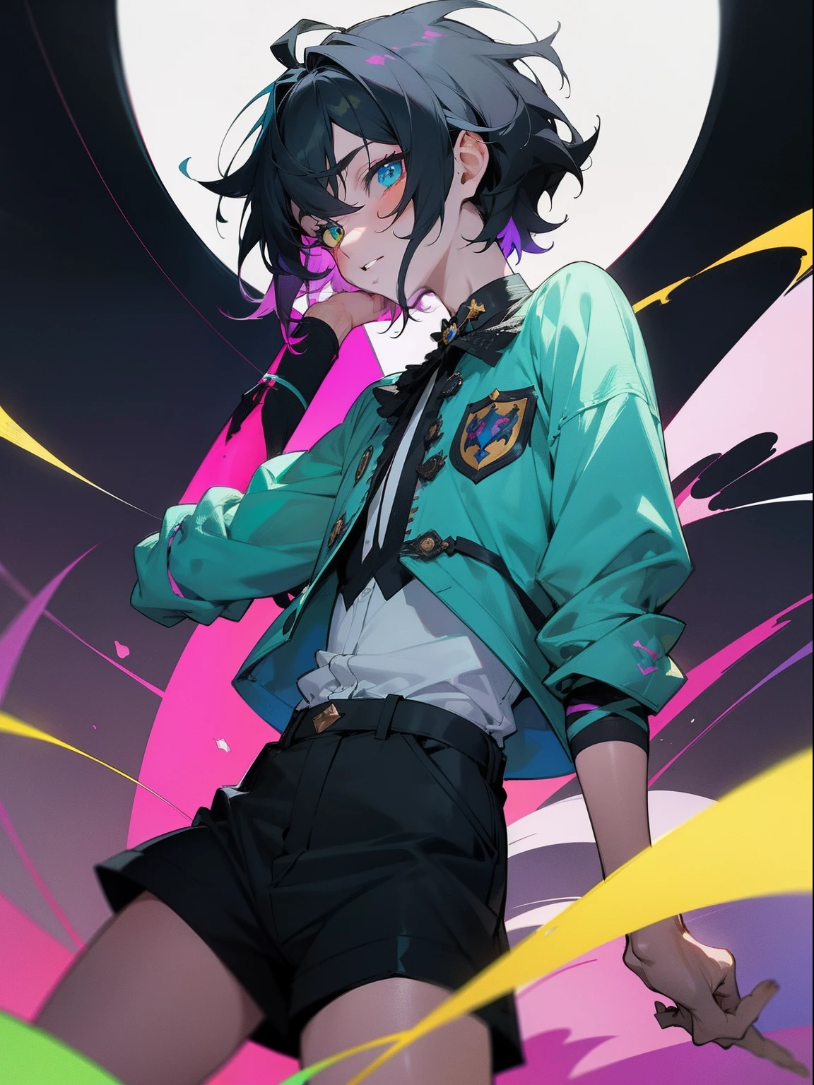 masterpiece, best quality, male character, black hair, messy hair, tousled hair, blue left eye, yellow right eye, heterochromia, fluffy hair, spooky, horror house, portrait, idol, Kagekata Mika, Kagehira mika, bright, stylized character design, high quality character design, detailed character design, great character design, male, highly detailed outfit, alternative, frontage, lateral face, lovely boy, perfect face, detailed eyes, elegant, pretty man, facing camera, pretty, handsome, detailed background, original, rgkg, slim, petite, pointed teeth, portrait, ensemble stars, idol, model, slim, handsome male, bokeh, unique lighting, colourful shading, brightly coloured, bold colours, bold lines, dynamic, posing, cute accessories, creepy accessories, harajuku, strings, injuries on arms, very skinny, shorts, cuts on legs, menhera, leg cuts, creepy, spooky, horror, blank details, streetwear, modern clothing, holographic jacket, male, short hair, wolf cut hair, young man, glitchy, ZUTOMAYO