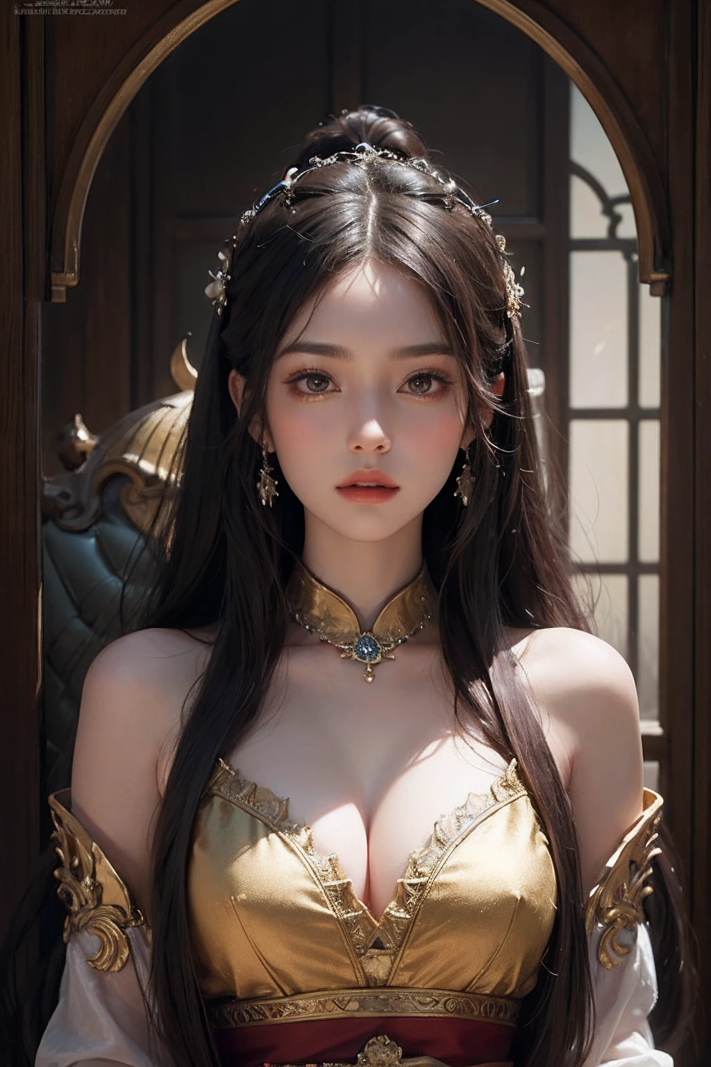 whaite hair,Beautiful face,with a well-proportioned body,plumw,Gorgeous satin,haughty,Look down on all beings,Oriental classical,Fantasyart,Volumetriclighting,4K,femele,Informative face,palaces
