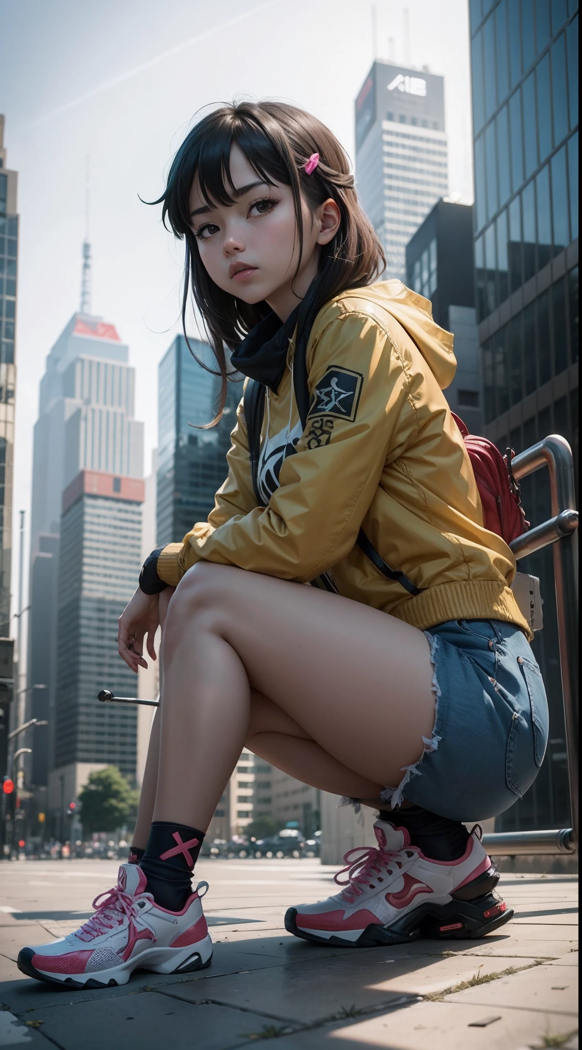 Araffe sitting on a ledge in a city with a building in the background, the anime girl is crouching, Estilo anime misturado com Fujifilm, menina bonita do anime agachamento, menina sentada em um telhado, Menina anime na vida real, Trend in CGTacing:, Anime Garota Cosplay, 19xx :2 Akira Estilo de filme : 8, Asuka bonito de Evangelion