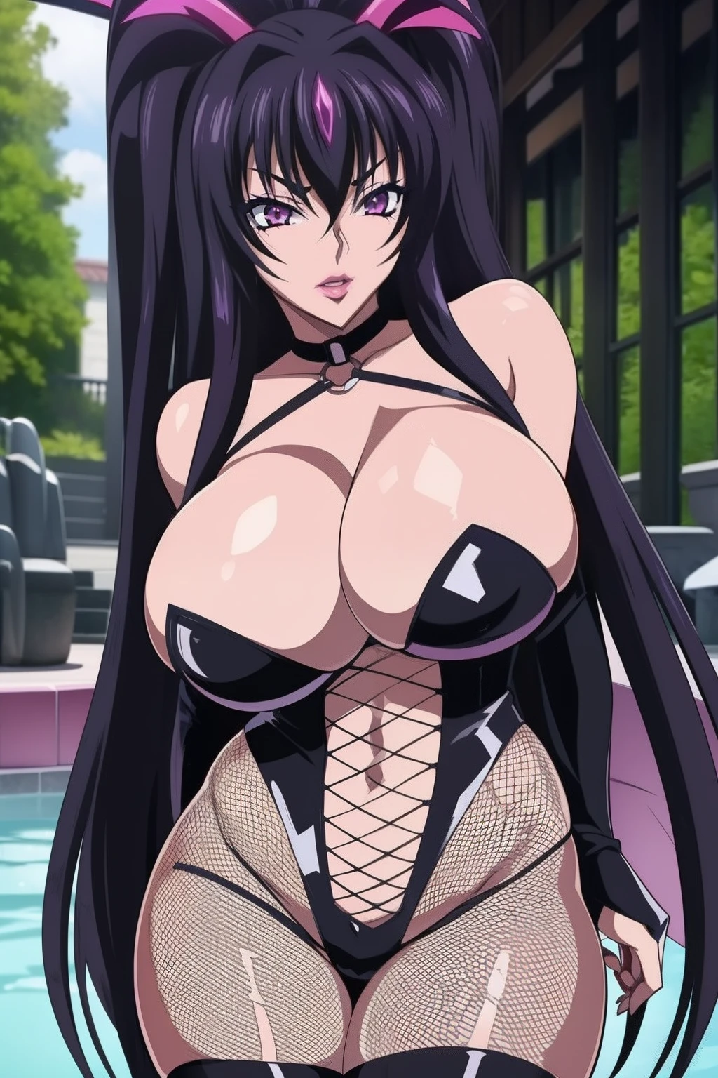 Highschool dxd, Raynare, 1girl, ((bimbo))), long black hair, purple eyes, puffy lips, painted lips, thick lips, wide hips, thick thighs, enormous natural breast, huge ass, evil face, fishnet body stocking, fishnet bodysuit, fishnet bra, shiny skin, perky ,breasts squeezed together, hot spring, posing