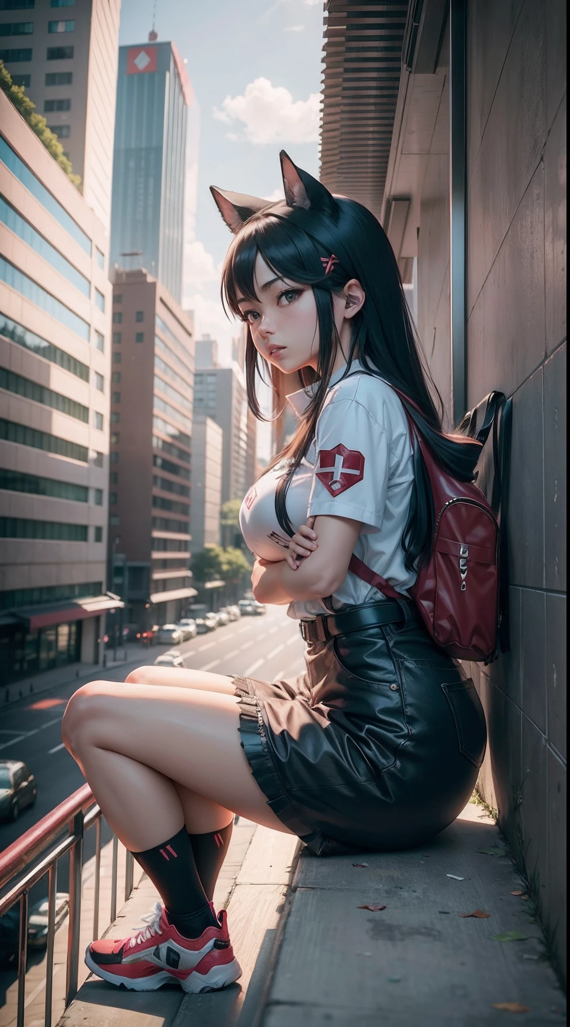 Araffe sitting on a ledge in a city with a building in the background, the anime girl is crouching, Estilo anime misturado com Fujifilm, bonita do anime agachamento, meninada em um telhado, Menina animeda real, Trend in CGTacing:, Anime Garota Cosplay, 19xx :2 Akira Estilo de filme : 8, Asuka bonito de Evangelion