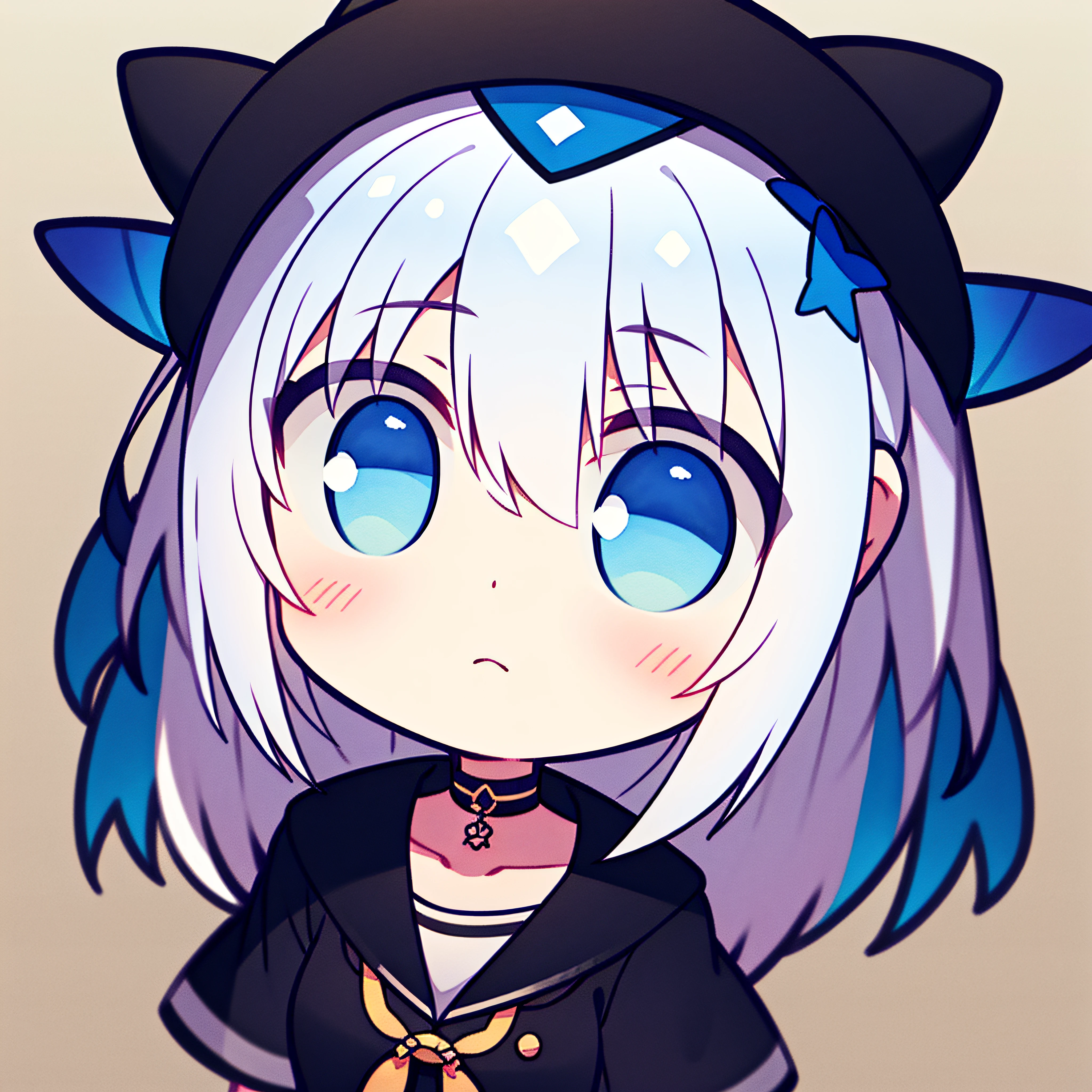 fish on the head, solo, 1 girl, looking at viewer, upright, concept art, white background, simple background, white hair, gradient hair, short sleeves, watercolor pencil, expressionless, blush, virtual youtuber