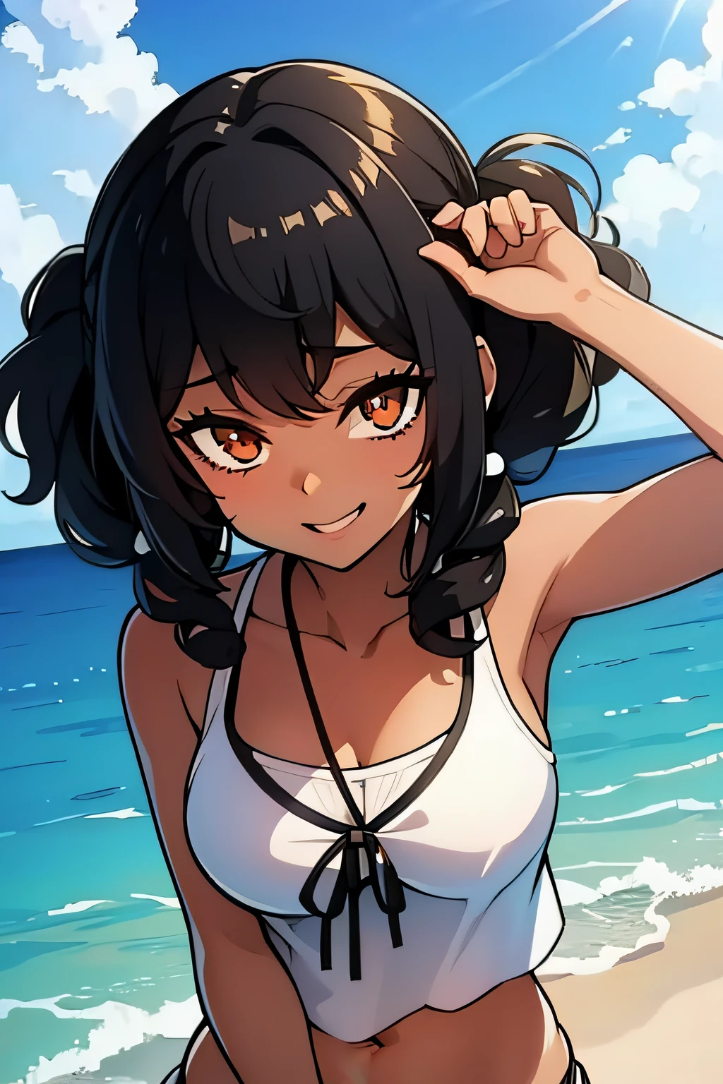 black curly hair, young girl, brown skin, in a beach,