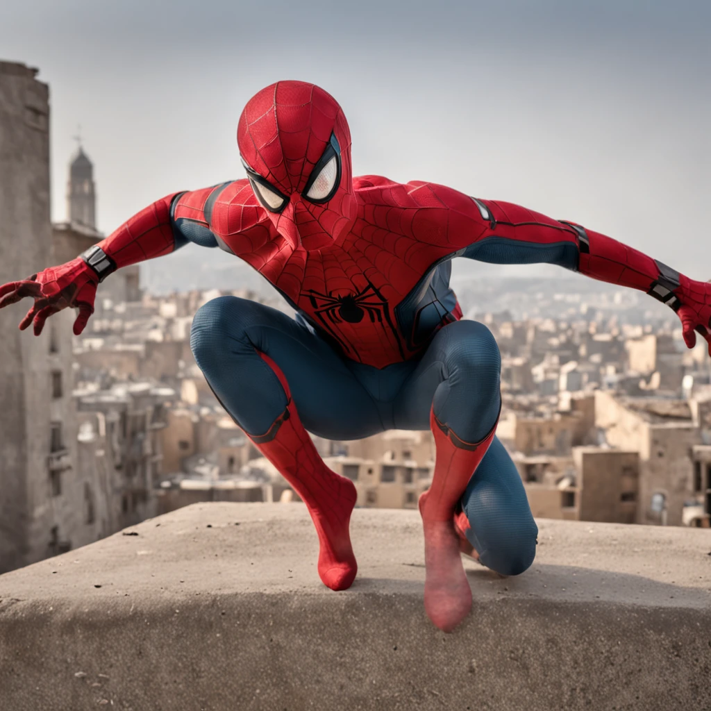 Spider-Man engaging in a {fierce, epic} battle {against, with} his {formidable, arch-nemesis} {villains, foes} in a {war-torn, desolate} city. [--ar 16:9, --chaos 100, --fast]