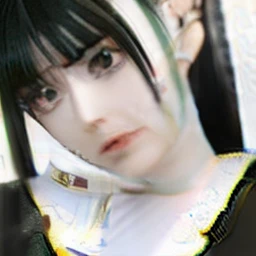 anime girl in white dress with black hair and green eyes, nico robin, maya fey from ace attorney, anime visual of a young woman, style is a blend of æon flux, in a mixed style of æon flux, female anime character, style mix of æon flux, möbius and æon flux, sui ishida with black hair