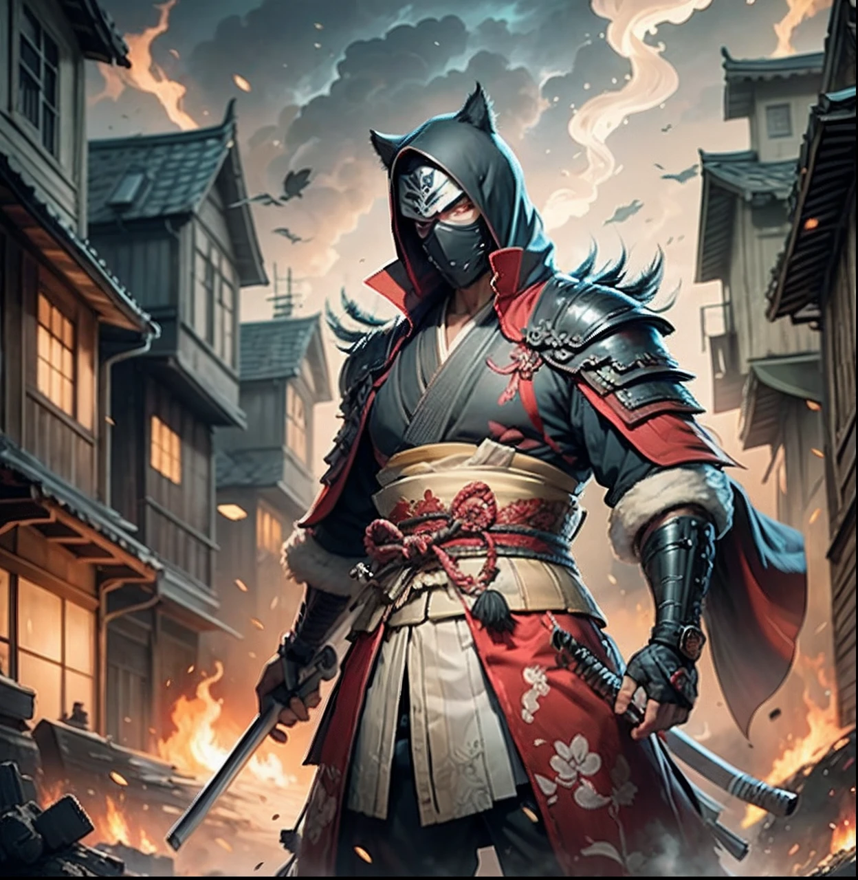 anime illustration of a masked samurai standing in the midst of a smokey and destroyed village --auto --s2