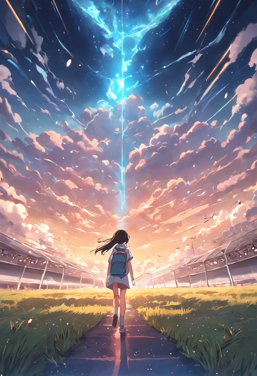 Cartoon fresh style,high qulity,Dingdall effect,school ground,bookbag,grassy fields,running track,Country house,kite,Skysky,Clouds
