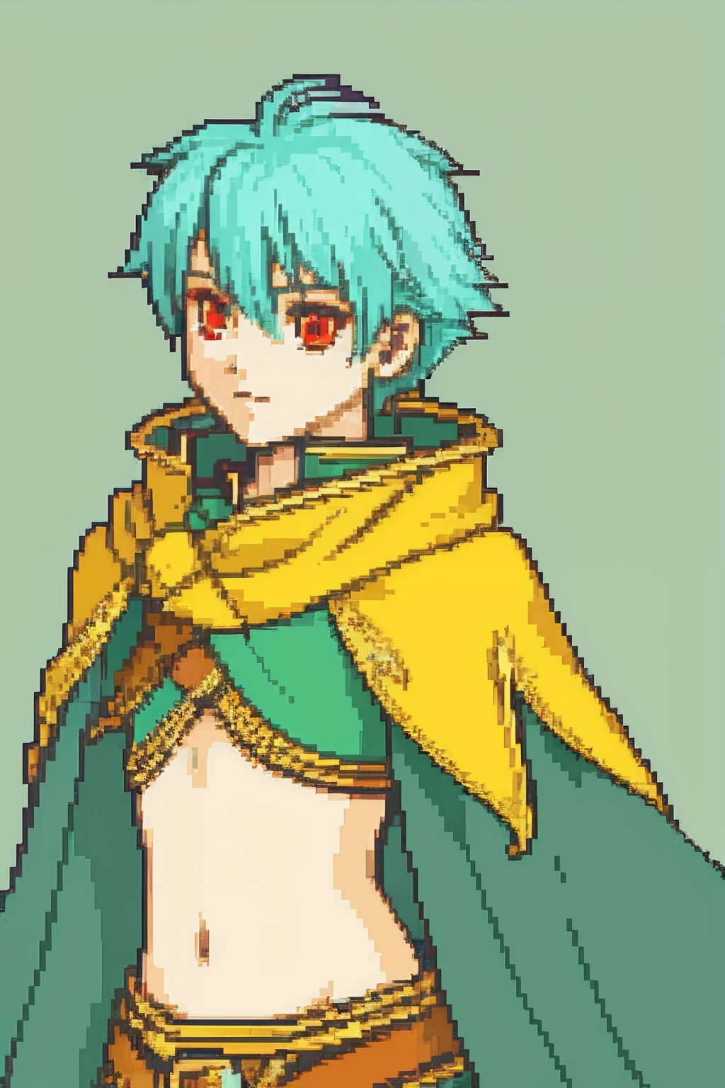 solo focus, Vanilla Fire Emblem, Destatured Sprite, Quarterbody, no frames, teal hair, shoulder length hair, red eyes, femboy, bard, cape, crop top, green and yellow clothing, messy hair, cute face, Nils