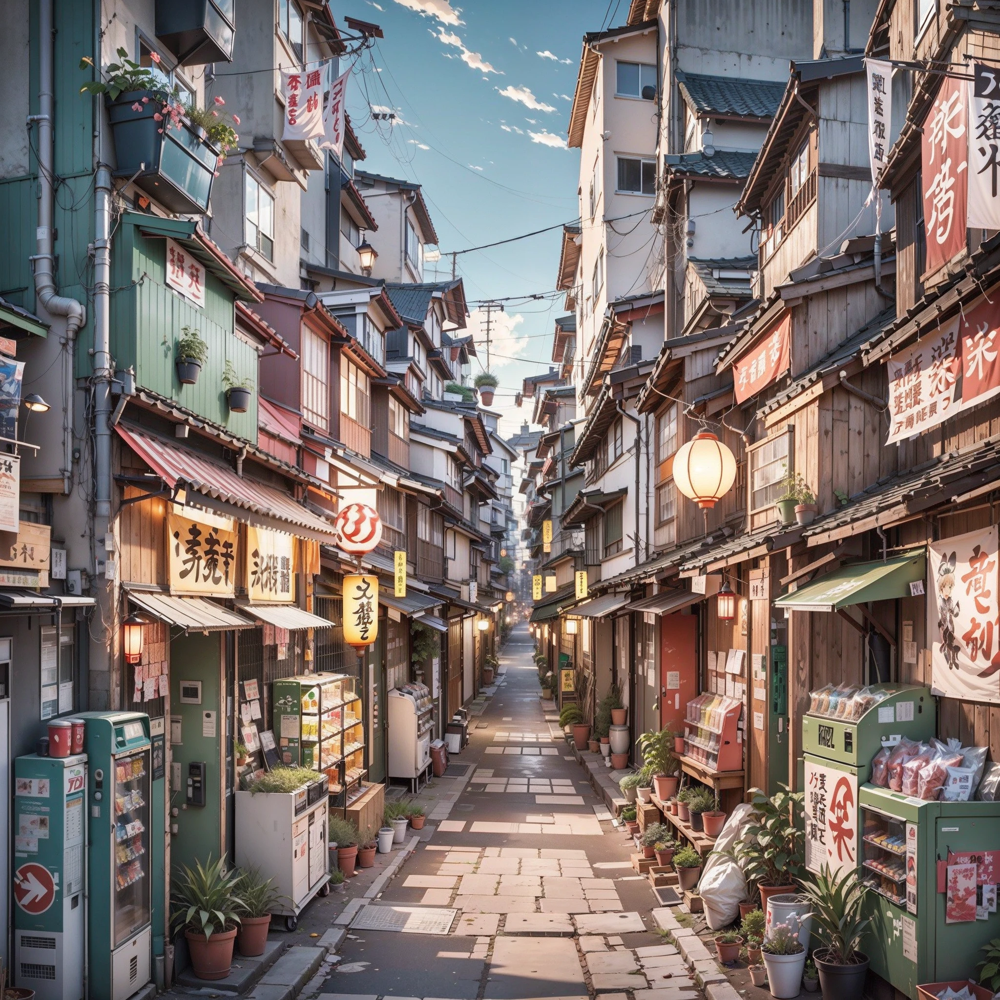 narrow modern Japanese street. compact, modern apartment buildings cramped together. vending machines, trash cans, plant pots, drains, air vents, gutters, pipes, wires, big Japanese shop signs, retro Japanese shop banners. lanterns. plant pots. rocks. sunrise. empty street, (no one: 1).  anime, anime style