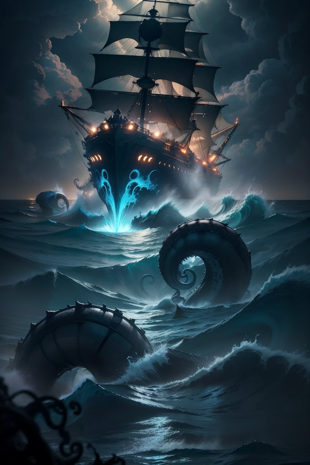 Generate a breathtaking scene of a colossal Kraken rising from the depths of the sea, aggressive cephalopod-like creature. Picture the Kraken's massive tentacles breaking through the water's surface, their immense size and power evident as they tower over ships in the distance. The sea should churn with tumultuous waves and frothy spray, creating a sense of drama and tension. Illuminate the scene with the warm glow of sunlight breaking through dark clouds, highlighting the Kraken's menacing silhouette. Capture the awe-inspiring scale of the creature and the overwhelming force of nature it represents