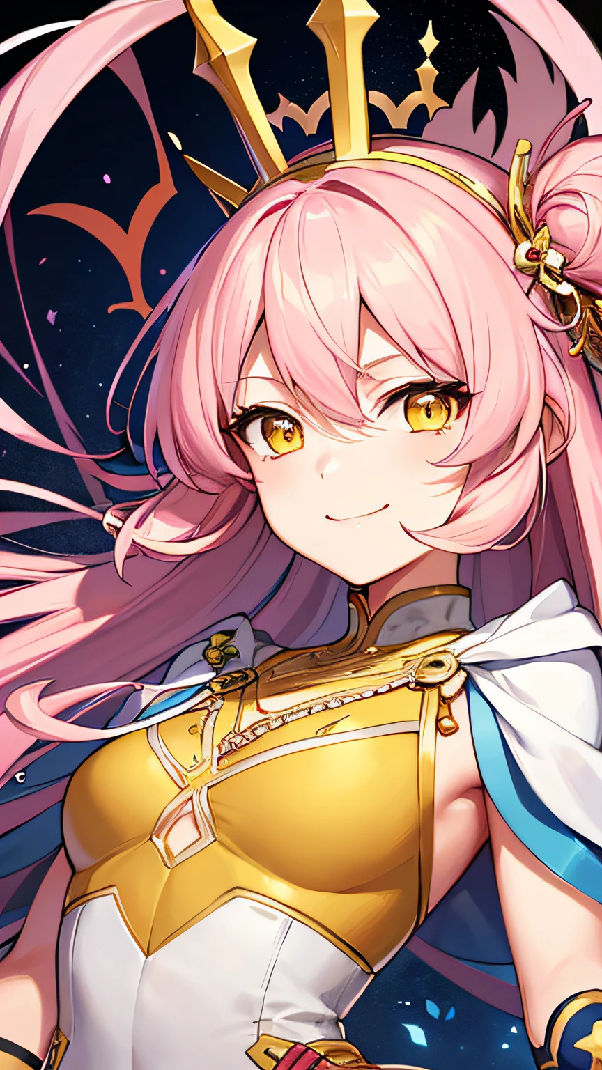 pink hair, crossed bangs, crown, yellow eyes, smile, anime, drop shadow, anime style, UHD, high quality, anatomically correct, masterpiece, best qualityveryvery,delicate beautiful, dynamic angle, eyes in beautiful detail,Unique two-tailed hairstyle