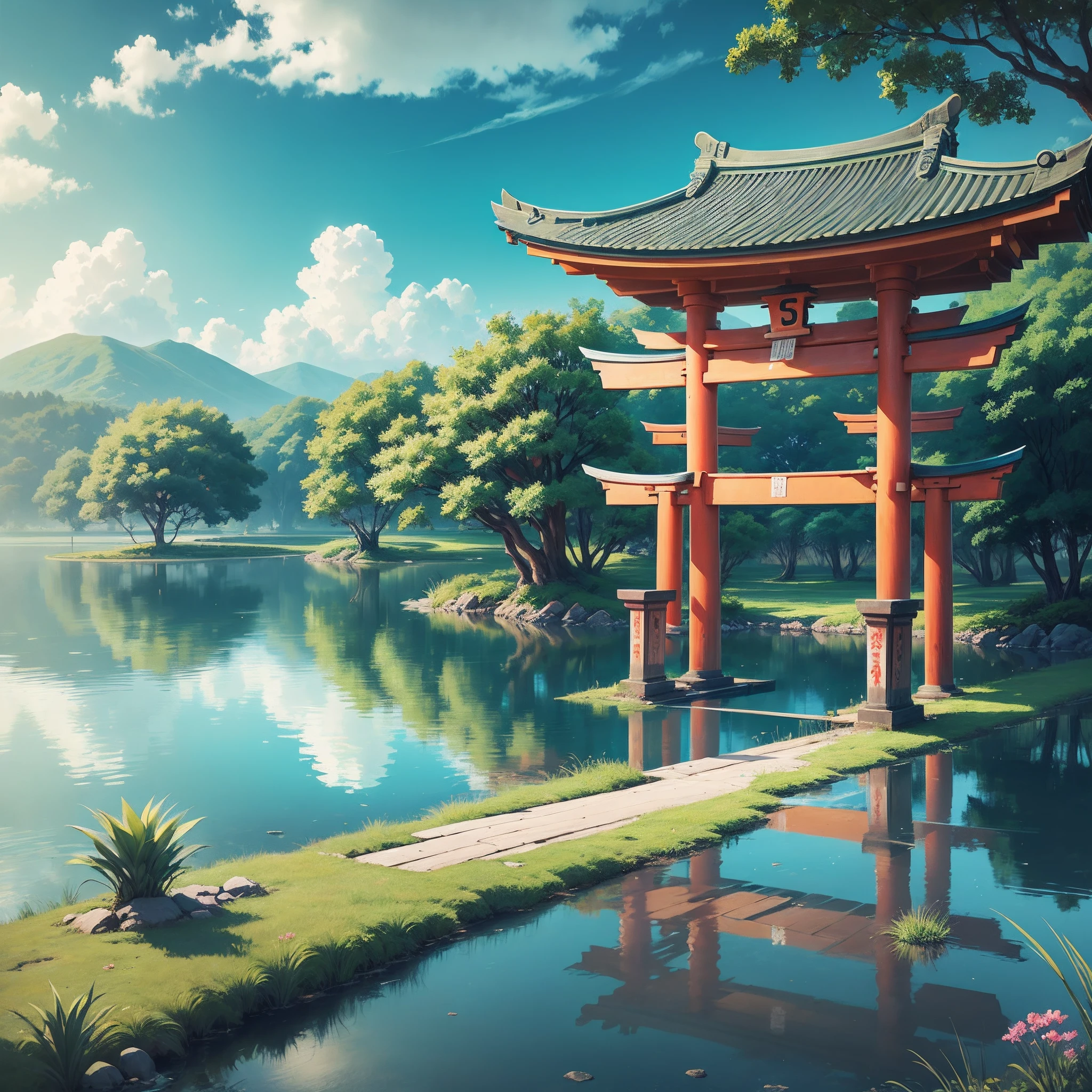 a japanese torii gate and a water lake, anime style, fantasy art, sunny day, colorful art, blue sky, high quality, high resolution, 8k, makato shinkai style -- ar 3:4 --auto --s2