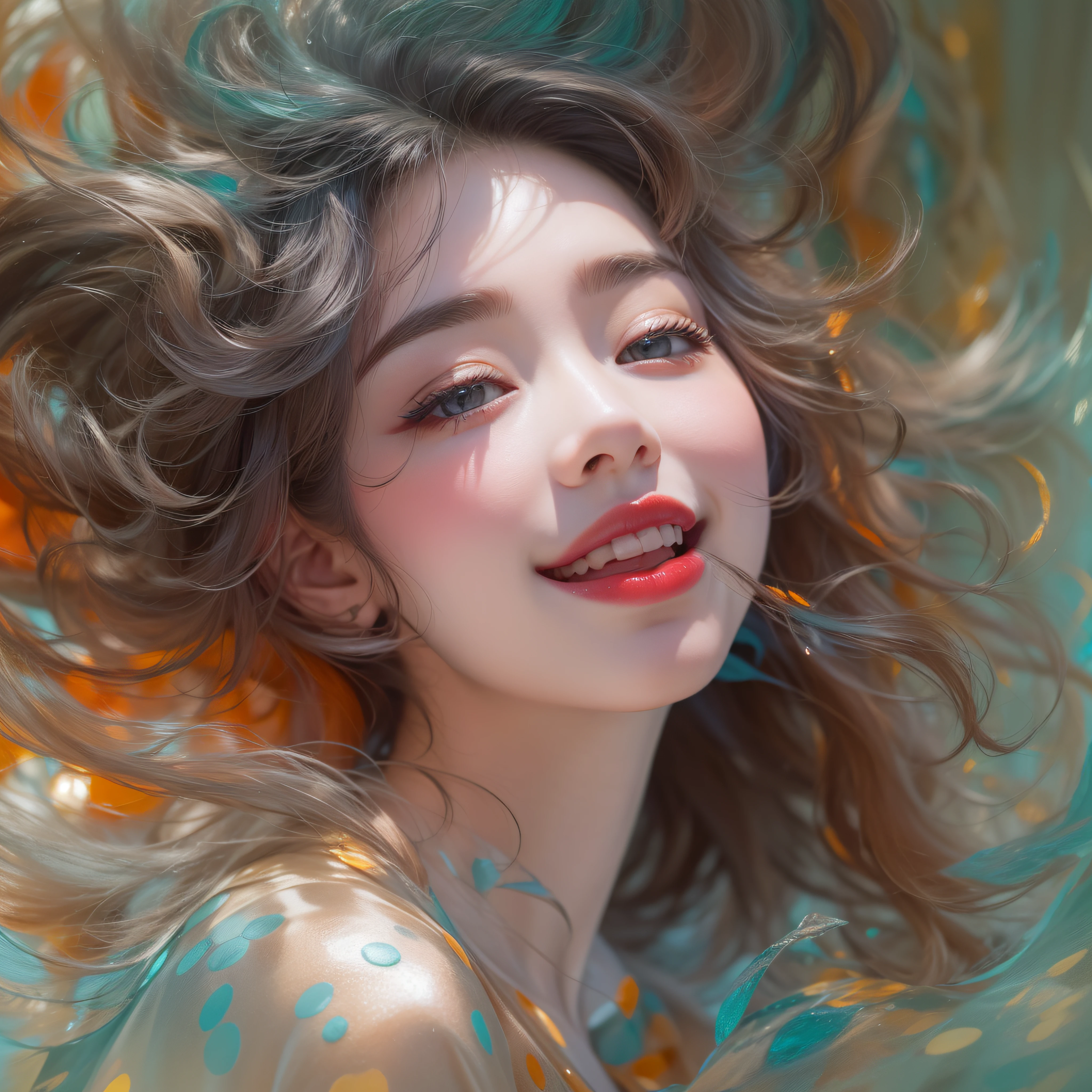 Red enameled lips、the kiss、bright red wet lips、lipgloss、Red glowing lips、makeup、Close up of smiling mouth with open mouth、Close-up of the mouth、Close-up of the mouth、(realisitic、hight resolution)、(1 girl in)、Do-Up Eye、Korean Girl、(Best Quality), (masutepiece), (1girl in), Solo, a beauty girl, Perfect face, Big Breast,dreamlikeart、Highly detailed airbrush art((Surreal))、Volumetric lighting、(top-quality)、The ultra-detailliert、(The composition of the movement:1.4)、Highly detailed colorful details、(Bright lighting)、dynamic compositions、Ray traching、The mirror reflects light、Shallow depth of field、ultra-detailliert、mixing exposure、nffsw、Her eyes shine iridescent、Staring at the iridescent sea。Her iridescent face is、Full of adventure anticipation and courage.、A smile appears on her iridescent lips。 At the rear、The sun is slowly tilting to the west。Its light brings iridescent light to the surface of the sea、The swaying waves create a beautiful scene。Her eyes shine clearly iridescent。Lots of iridescent colors、