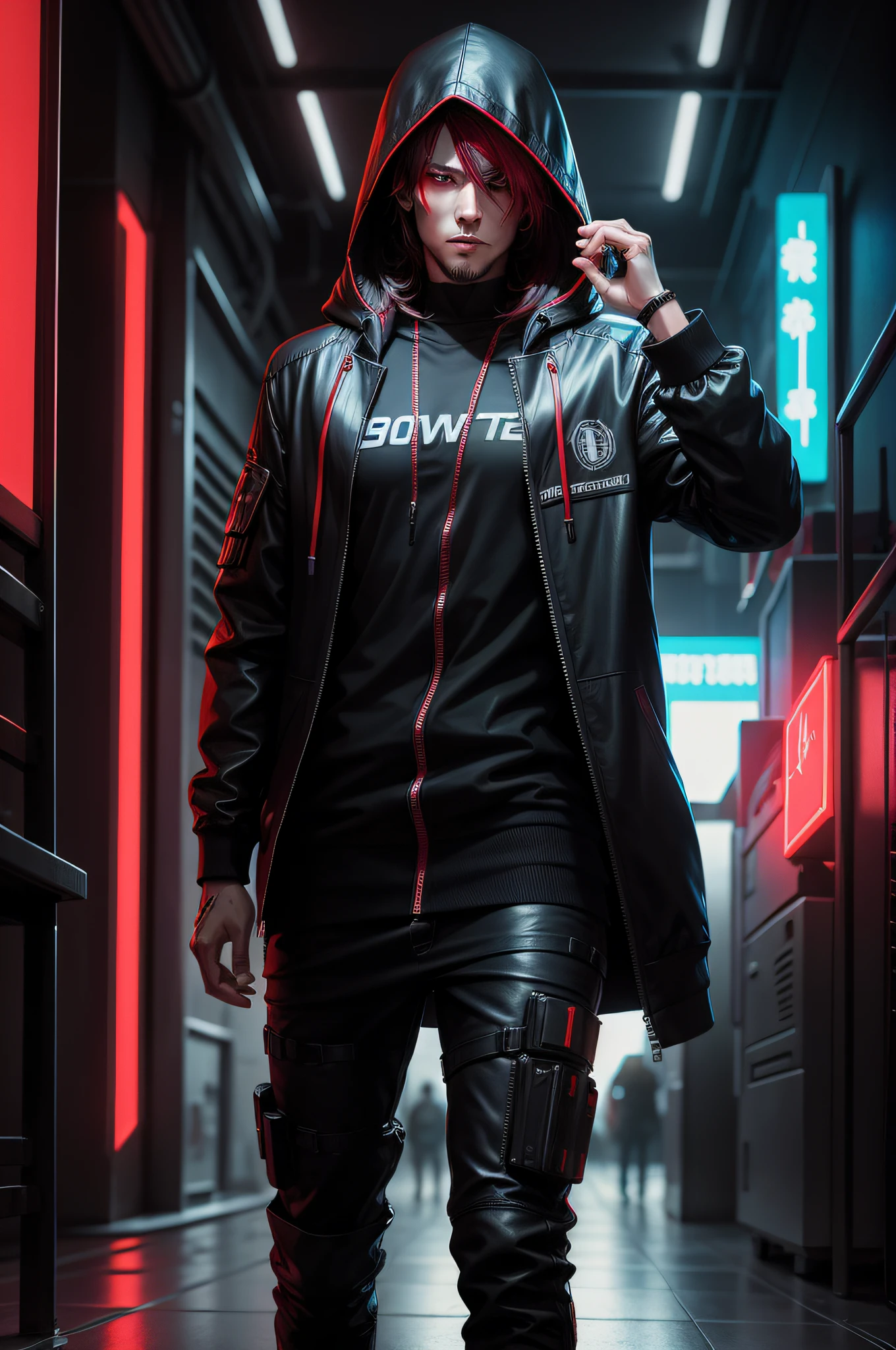 male character, hooded, cyberpunk, red neon, dark