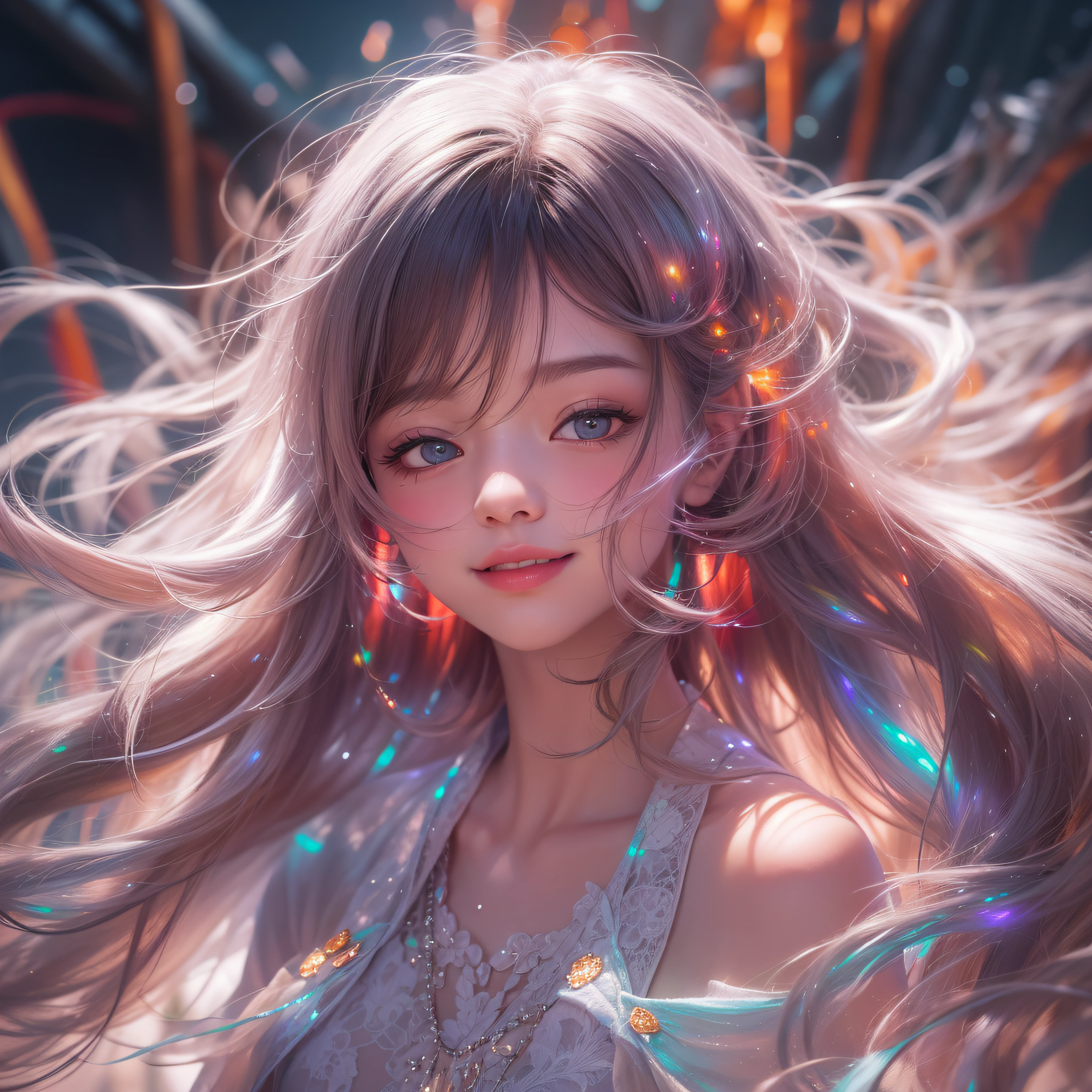 Red enameled lips、Pointed lips、bright red wet lips、lipgloss、Red glowing lips、makeup、Close up of smiling mouth with open mouth、Close-up of the mouth、Close-up of the mouth、(realisitic、hight resolution)、(1 girl in)、Do-Up Eye、Korean Girl、(Best Quality), (masutepiece), (1girl in), Solo, a beauty girl, Perfect face, Big Breast,dreamlikeart、Highly detailed airbrush art((Surreal))、Volumetric lighting、(top-quality)、The ultra-detailliert、(The composition of the movement:1.4)、Highly detailed colorful details、(Bright lighting)、dynamic compositions、Ray traching、The mirror reflects light、Shallow depth of field、ultra-detailliert、mixing exposure、nffsw、Her eyes shine iridescent、Staring at the iridescent sea。Her iridescent face is、Full of adventure anticipation and courage.、A smile appears on her iridescent lips。 At the rear、The sun is slowly tilting to the west。Its light brings iridescent light to the surface of the sea、The swaying waves create a beautiful scene。Her eyes shine clearly iridescent。Lots of iridescent colors、
