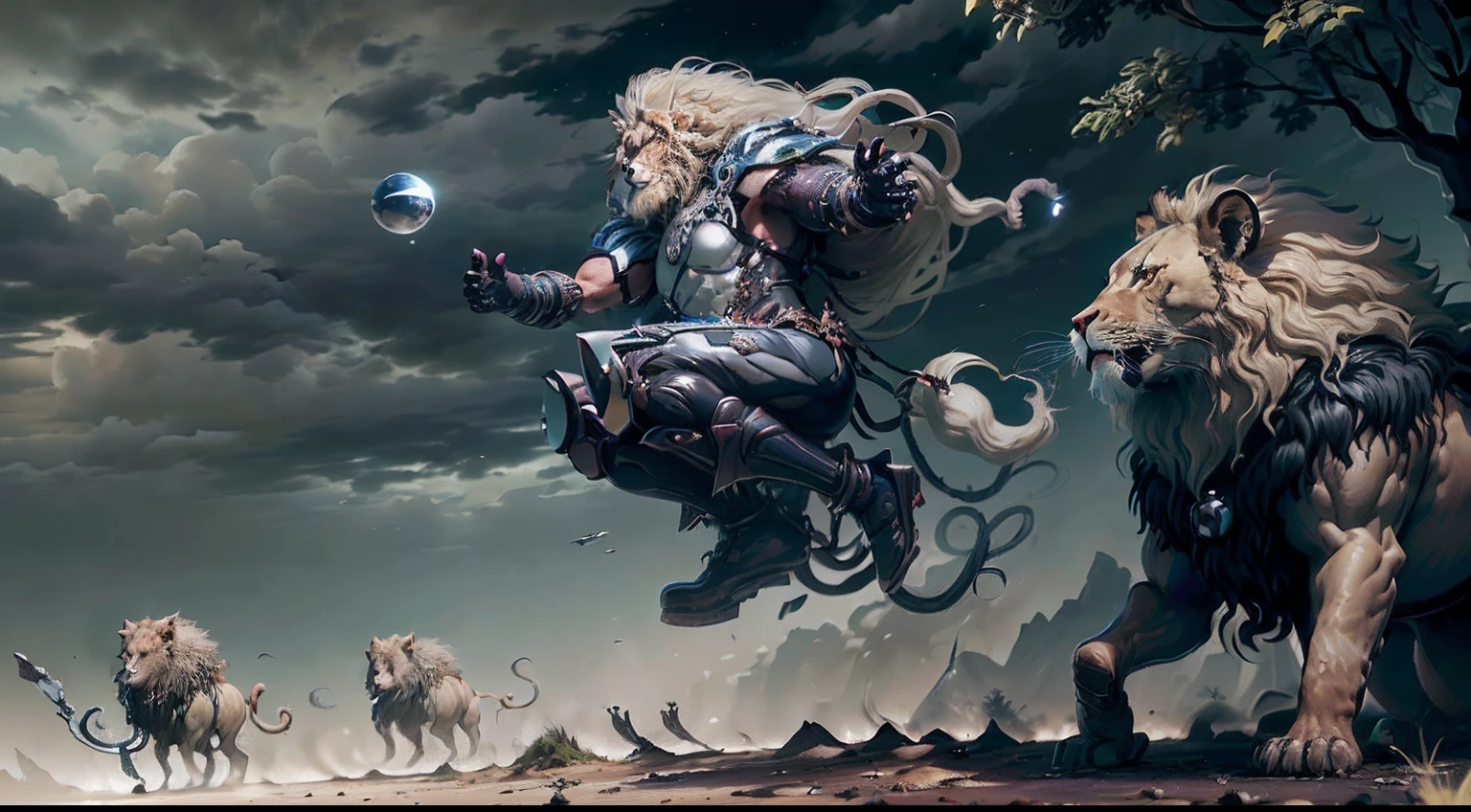 Ajani the lion mage, controlling gravity in his symbiote supersuit, making everything around the battlefield including soldiers levitate with his telekinetic shockwave