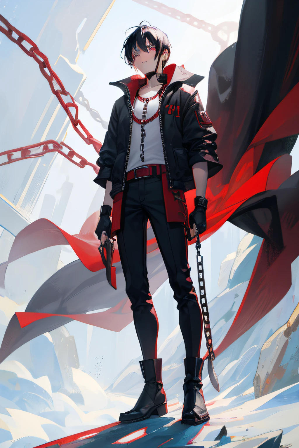 A 19-year-old male, black hair, scarred face, red eyes, serious expression, Japanese clothing, black pants, belt with chains, two boots, fingerless gloves, a sword