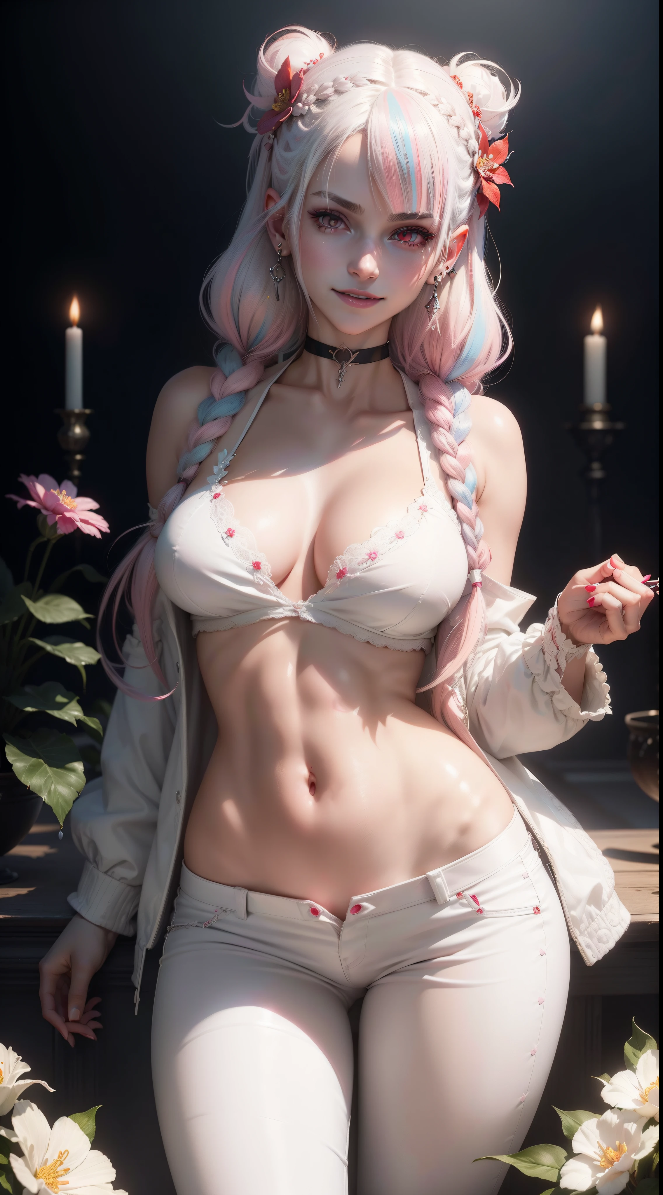 BLACKLIGHT, realistic art, extremely delicate and beautiful, ultra-detailed, (1girl), white hair, vampire, yandere, glowing dark red eyes, floating, detailed light, illustration, dynamic angle, depth of field, ((((milf)))), Short Vampire girl, long hair, ((Neapolitan hair, multicoloured hair, pink hair, twin tails, hair ornament, hair flower, flower, makeup, braid, smile)), red vampire eyes, showing fangs, pale white skin, (((white pants, white crop top, white jacket, long hair, navel, red eyes, off shoulder, choker, smile, jewelry, earrings, open clothes))), (ultra high res, best quality,), (8k, raw photo, best quality, masterpiece), technological sense, best quality, masterpiece, illustration,CG ,unity ,wallpaper, official art, Amazing, finely detail, an extremely delicate and beautiful,extremely detailed, highly detailed, sharp focus,rich background, (real person,photograph), ((high detailed skin))