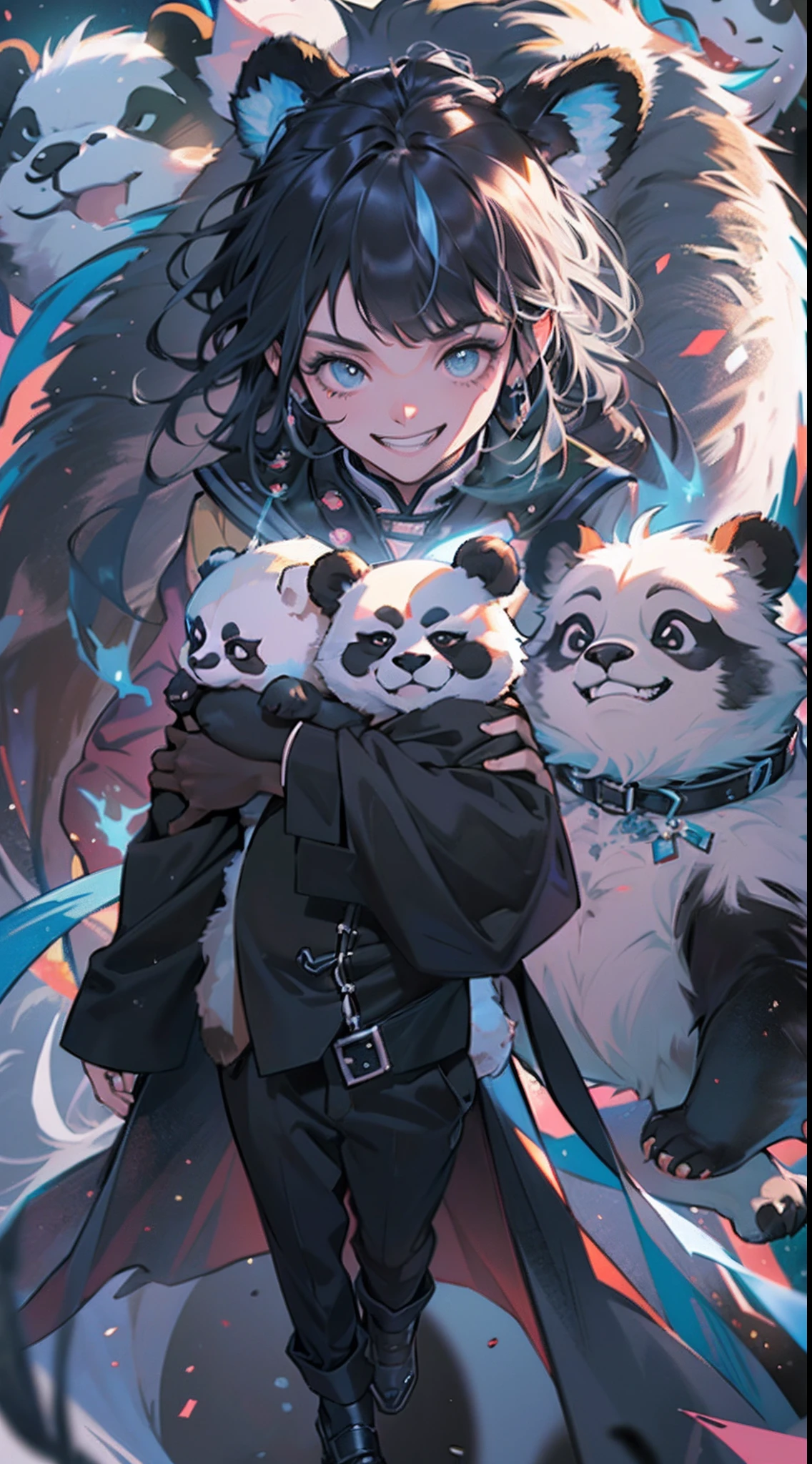 (1panda)、(confident grin:1.2)、(Top image quality)、(8K picture quality)、(masutepiece)、(Full body photo:1.3)、cinematric light, Cinema Shadow, Sharp Image, Extremely detailed,、beautiful effects, Muted colors, Highly detailed image textures, detailed hairs, Detailed face、(Aura overflowing from the body:1.3)