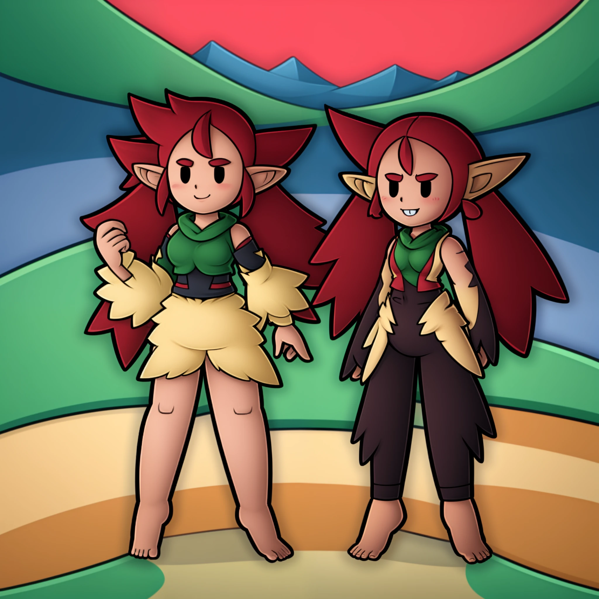 loam, standing, short, vest, elf girl, medium breast,,red hair, elf ears,tomboy, forest, alone, smile, chibi, full body