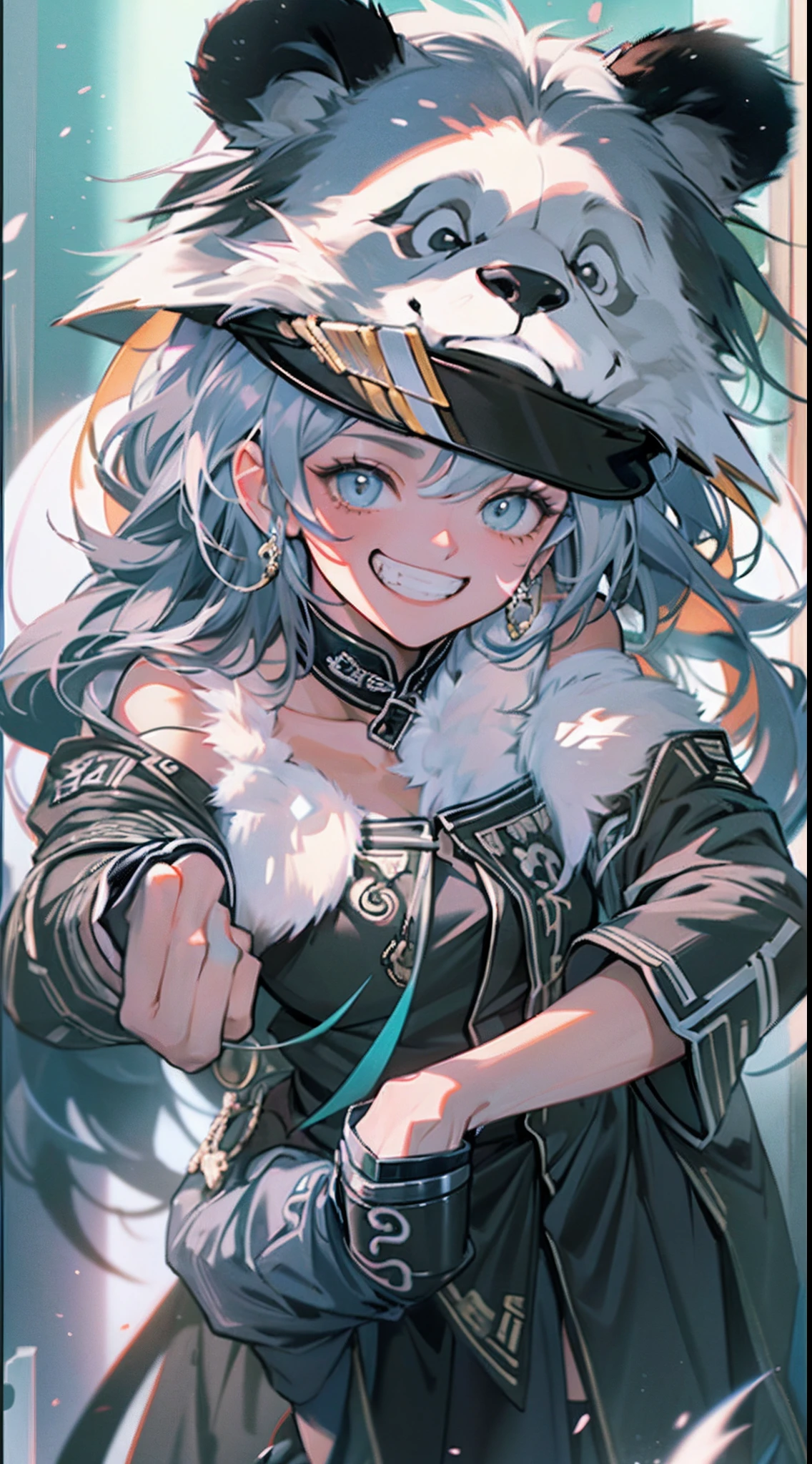 (1panda)、(confident grin:1.2)、(Top image quality)、(8K picture quality)、(masutepiece)、(Full body photo:1.3)、cinematric light, Cinema Shadow, Sharp Image, Extremely detailed,、beautiful effects, Muted colors, Highly detailed image textures, detailed hairs, Detailed face、(Aura overflowing from the body:1.3)
