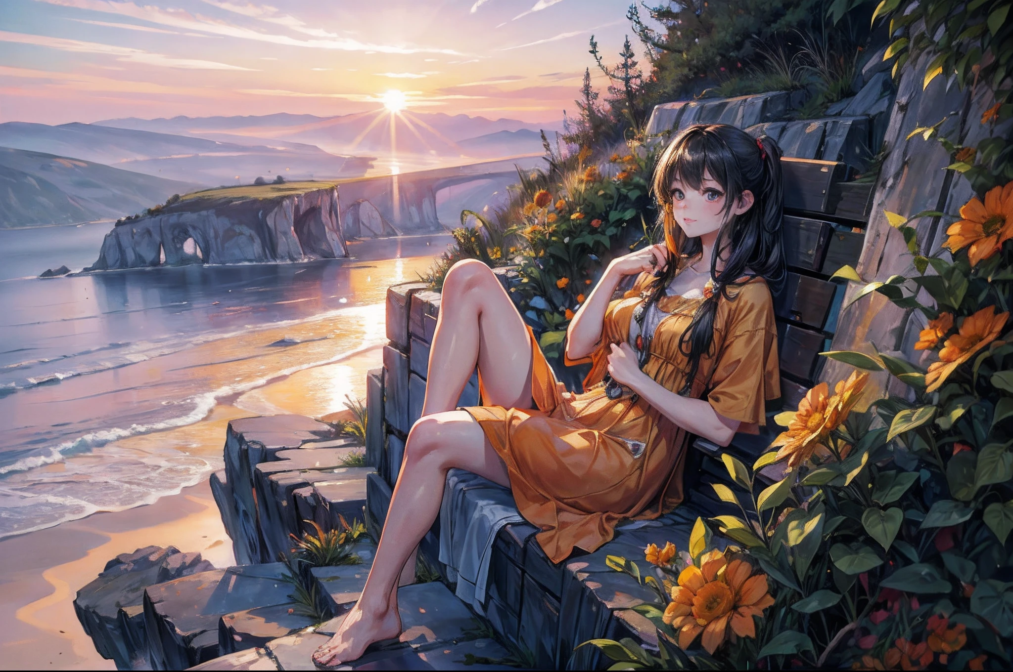 RAW photo, best, masterpiece, best quality, high quality, extremely detailed, professional photography of a man and a woman sitting on a cliff watching the sunset, ((sunset: 1.5)), //colors oranges in the sky: 1.4)), the atmosphere is calm, very detailed, high quality, award-winning image, very realistic image, hyper-realistic, ultra-realistic