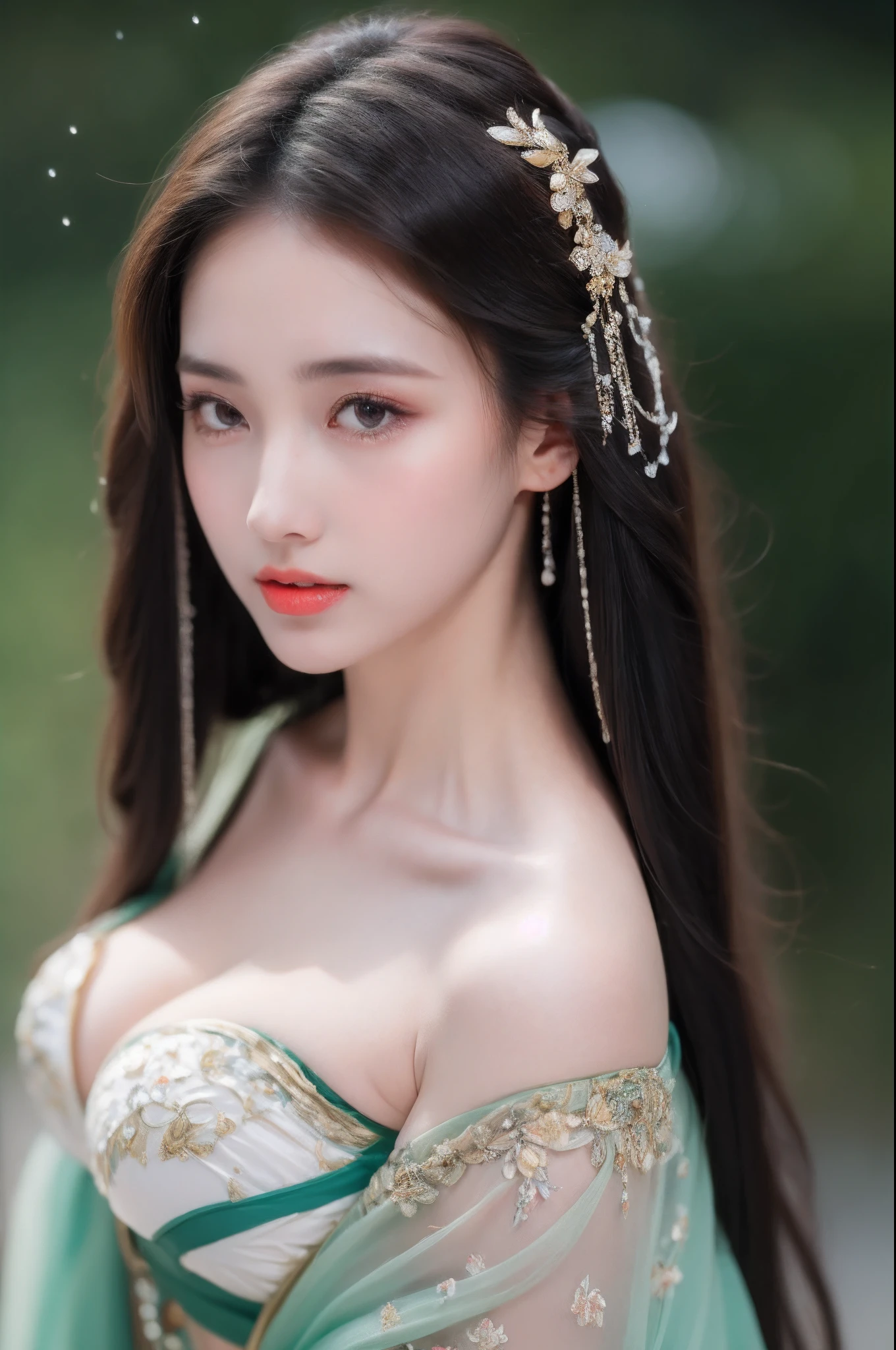 ((Best Quality, 8k, Masterpiece: 1.3)), Focus: 1.2, Perfect Body Beauty: 1.4, Buttocks: 1.2, ((Layered Haircut)), (Wet Clothes: 1.1), (Rain, Street:1.3), (Breasts: 1.2), (Hanfu: 1.2), Bare Shoulders, Bare Legs, Highly Detailed Face and Skin Texture, Fine Eyes, Double Eyelids, Whitened Skin, Long Hair, (Shut Up: 1.5), (Bokeh Background: 1.5), Big Breasts