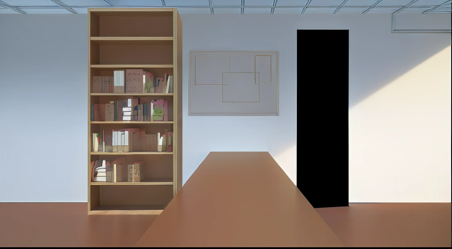 There is a room with a bookshelf and a desk., Office Background, Library Background, background = library, classroom background, random background scene, photograph of 3d ios room, 2 d render, interior background art, Corner office background, Backroom Background, The back of the scenography element, Flat 2d, background(solid), Private Room Background, scene render