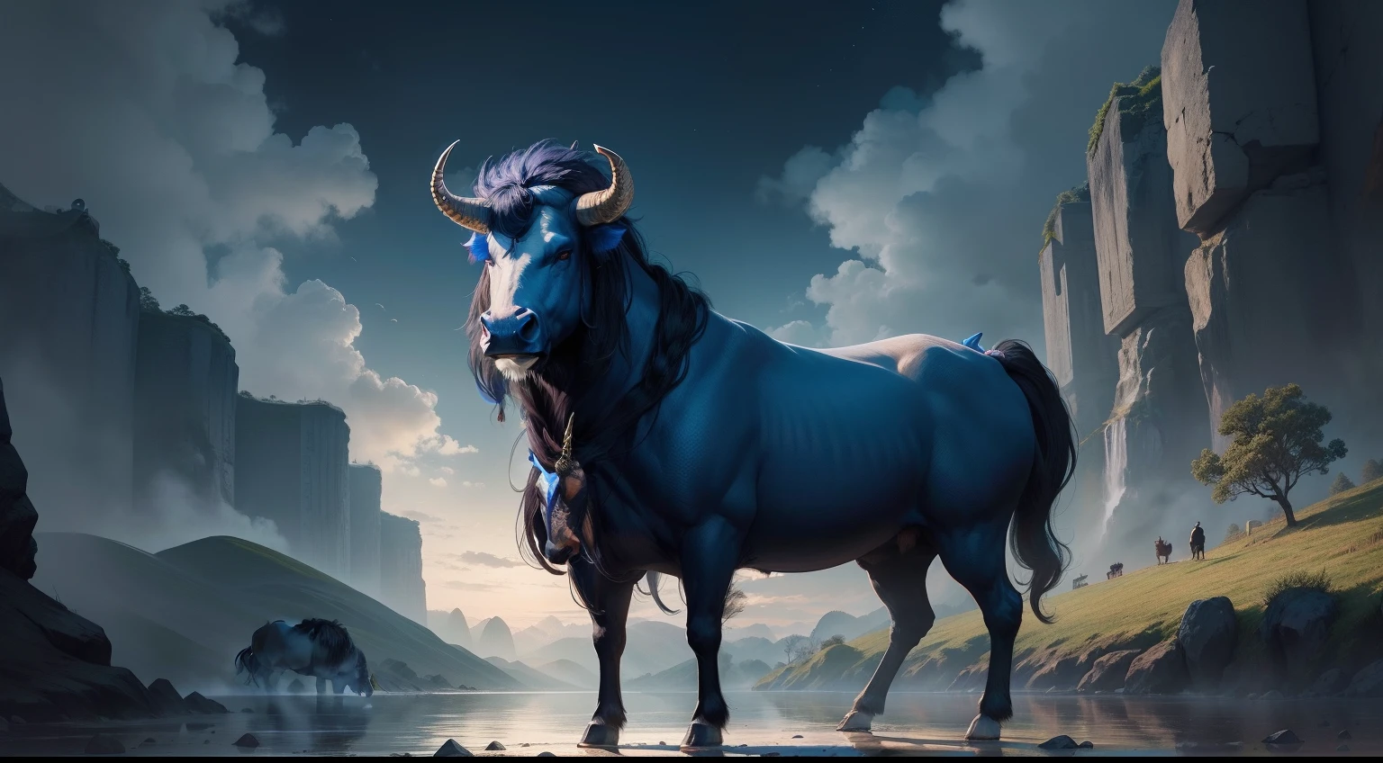 Buffalo without horns,Above the head are the horns of a unicorn,face of an ox,The body is blue-black,Stand next to the creek,In the middle of the night,Chinese mythological style
