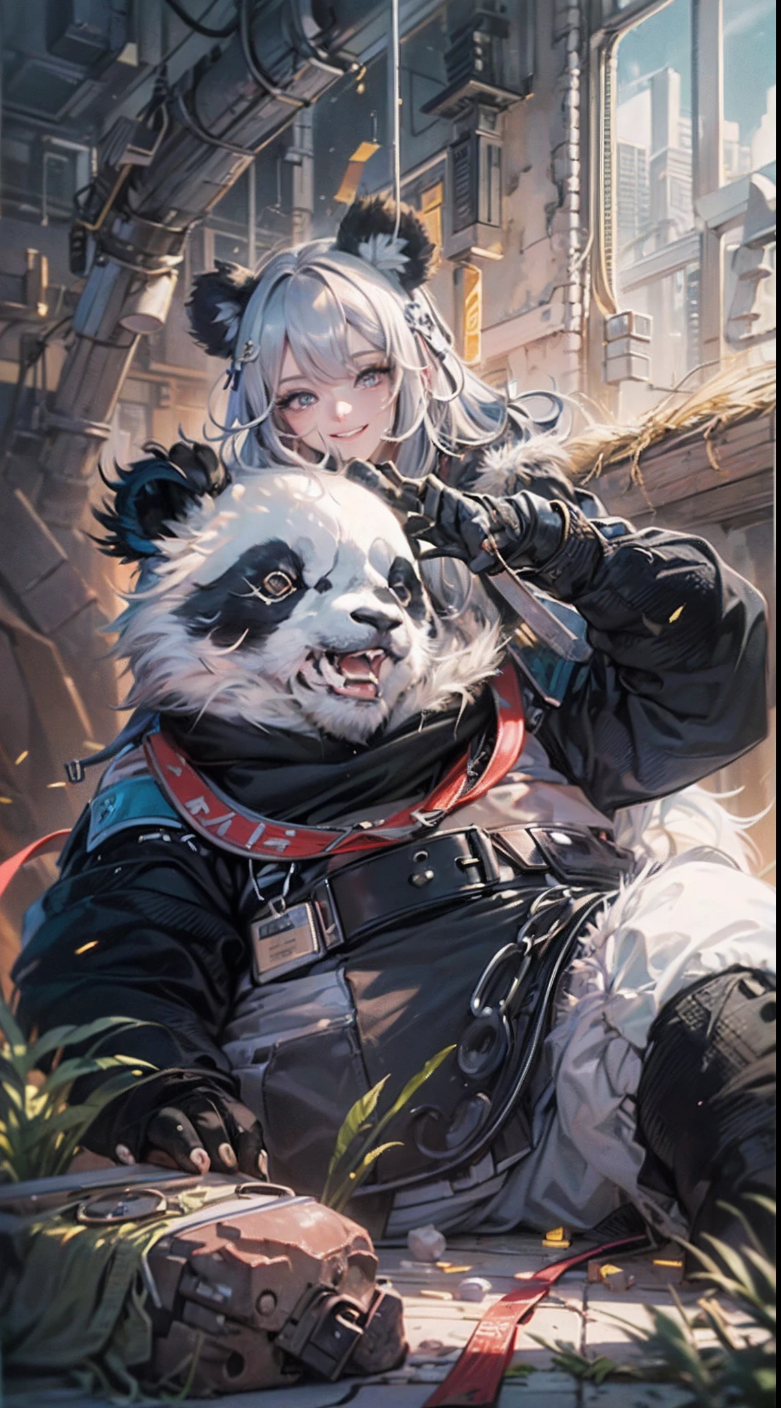 (1panda)、(confident grin:1.2)、(Top image quality)、(8K picture quality)、(masutepiece)、(Full body photo:1.3)、cinematric light, Cinema Shadow, Sharp Image, Extremely detailed,、beautiful effects, Muted colors, Highly detailed image textures, detailed hairs, Detailed face、(Aura overflowing from the body:1.3)