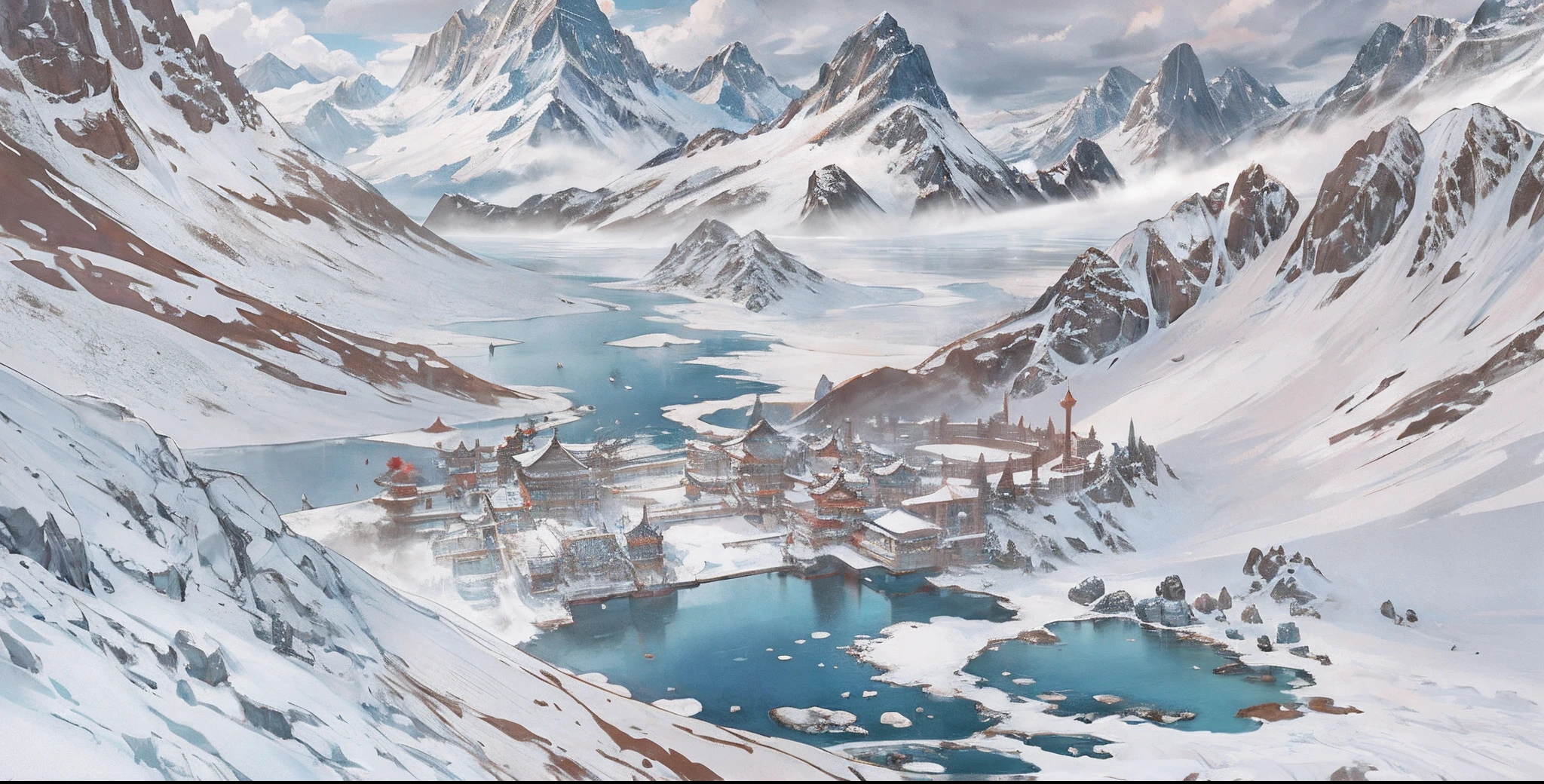cloudysky,There are mountains and lakes,Chinese feng shui ink art,official art works,Dream painting,Ethereal realm,atmospheric art works,dreamy matte painting,Epic music album cover。