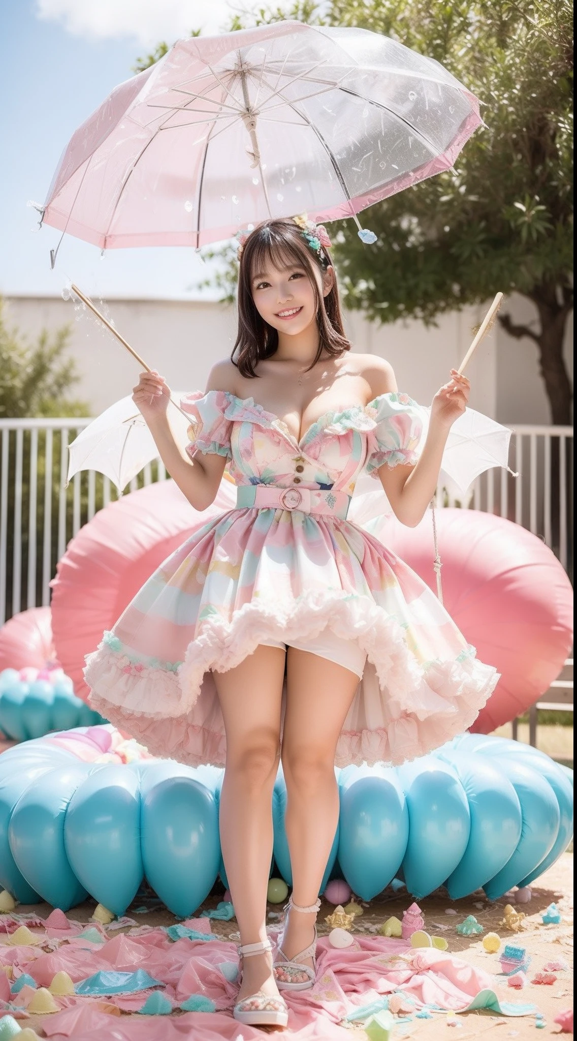 Fashion: Dress up in a colorful ensemble reminiscent of candy wrappers, Bright pastel cleavage and playful accessories、I can see the panties、Colossal tits、sixteen years old. 2. Pose: Pose on a whim while holding a giant lollipop, Show off a carefree and fun attitude. 3. Background: Pose in front of a candy-themed background filled with oversized candies, cotton candy clouds, and Candy Cane Tree. 4. Candy Throne: Sit on a candy-style throne made with oversized gum drops, Surrounded by candy treasures. 5. Cupcake Delight: Lean on a giant cupcake prop, Wear clothes that match the color or matte of the cupcake. 6. Rainbow Pathway: Walk along a rainbow path made of candy pieces, Exude surprise and excitement. 7. Candy Rain: With colorful umbrella「Candy Rain」Capture the moment of, Standing under a shower of falling candies. 8. Giant Ice Cream Cone: Pose beside a giant ice cream cone prop, In an outfit featuring ice cream cone patterns and colors. 9. Candy Wonderland Swing: Playfully swing in candy cane swing in dreamy landscape of candy tree and candy floss clouds. 10. Gummy Bear Garden: Sit in the garden of oversized gummy bears, Wear a gummy bear-themed costume to match the colors of your candy garden