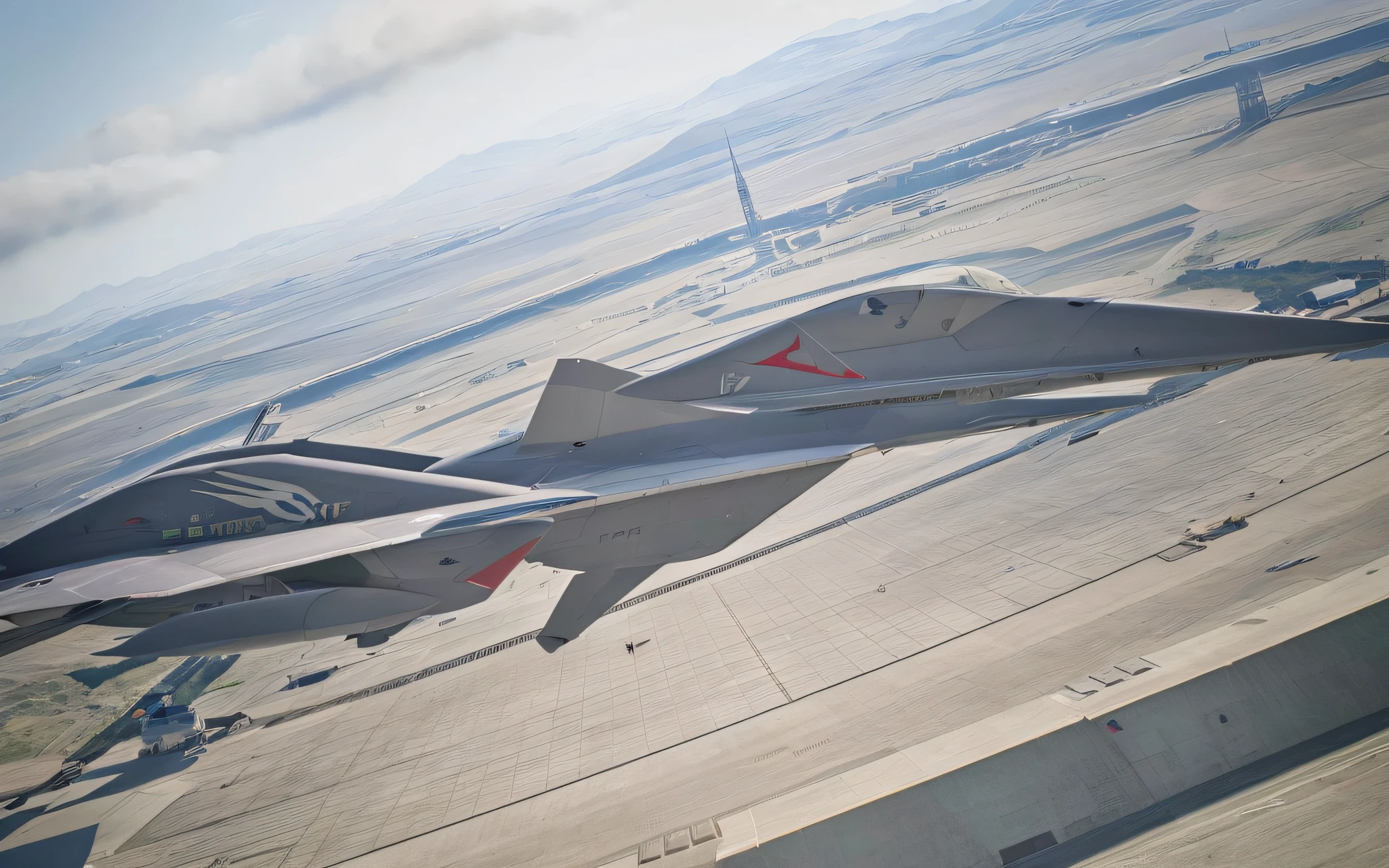 There is a jet flying over the ground, acecombat, ace combat, 5th gen fighter, lockheed concept art, valkyrie fighter jet, fighter drones, 8 K high detail concept art, Inside the future fighter, concept art 8 k, video game screenshot>, dcs world style, realistic aircraft, High focus F - 2 2